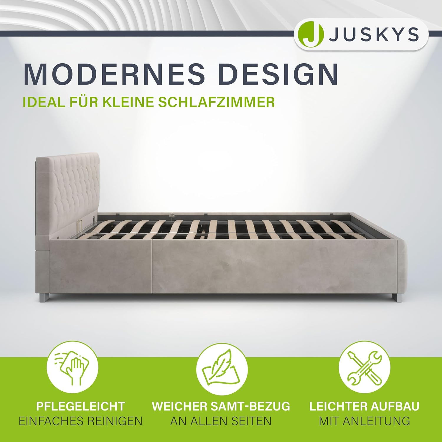 Juskys Polsterbett Nizza 120x200 cm mit Matratze, Bettgestell mit Lattenrost, Stauraum & LED Beleuchtung, Samtbezug, Chesterfield-Steppung, Beige