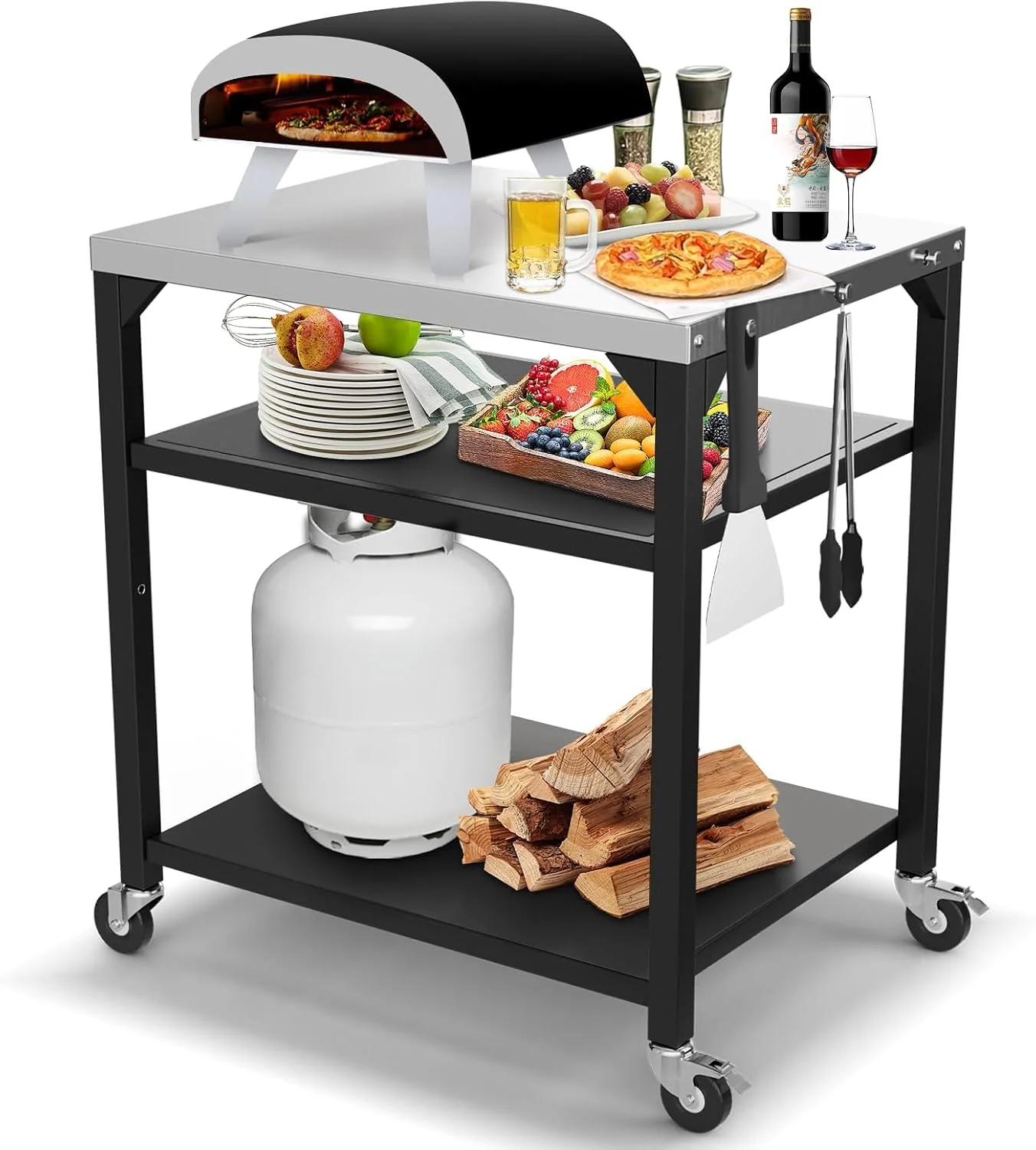GFTIME Pizzaofen-Tischwagen für Ninja Woodfire, Edelstahl Grilltisch Grillwagen mit 3 Etagen, Blackstone Griddle, Weber Q, Outdoor-Grillständer
