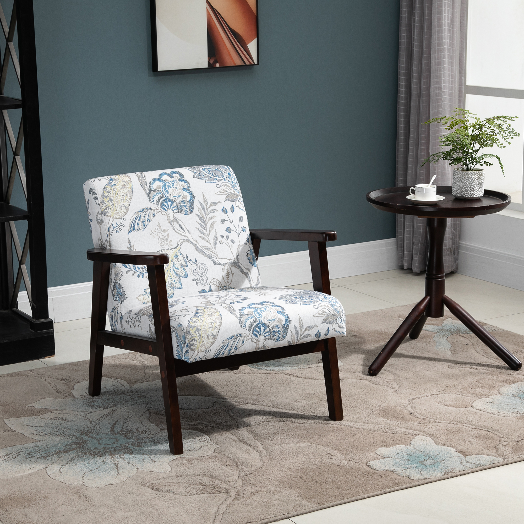 HOMCOM Sessel mit Armlehnen und gepolstertem Sitz aus Holz und atmungsaktivem Stoff für Zuhause und Büro, Blumendesign, 68,5x78,5x75cm