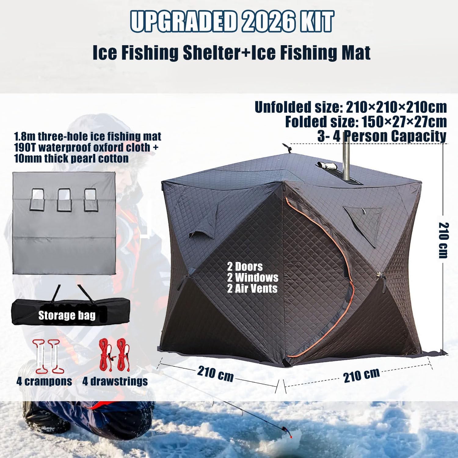 Isolierter Unterstand für Eisangeln – 3-lagiges tragbares Zelt für 3–4 Personen mit 2 Türen und Tragetasche, ideal für Zuhause, Hinterhof, Camping und Trockensauna