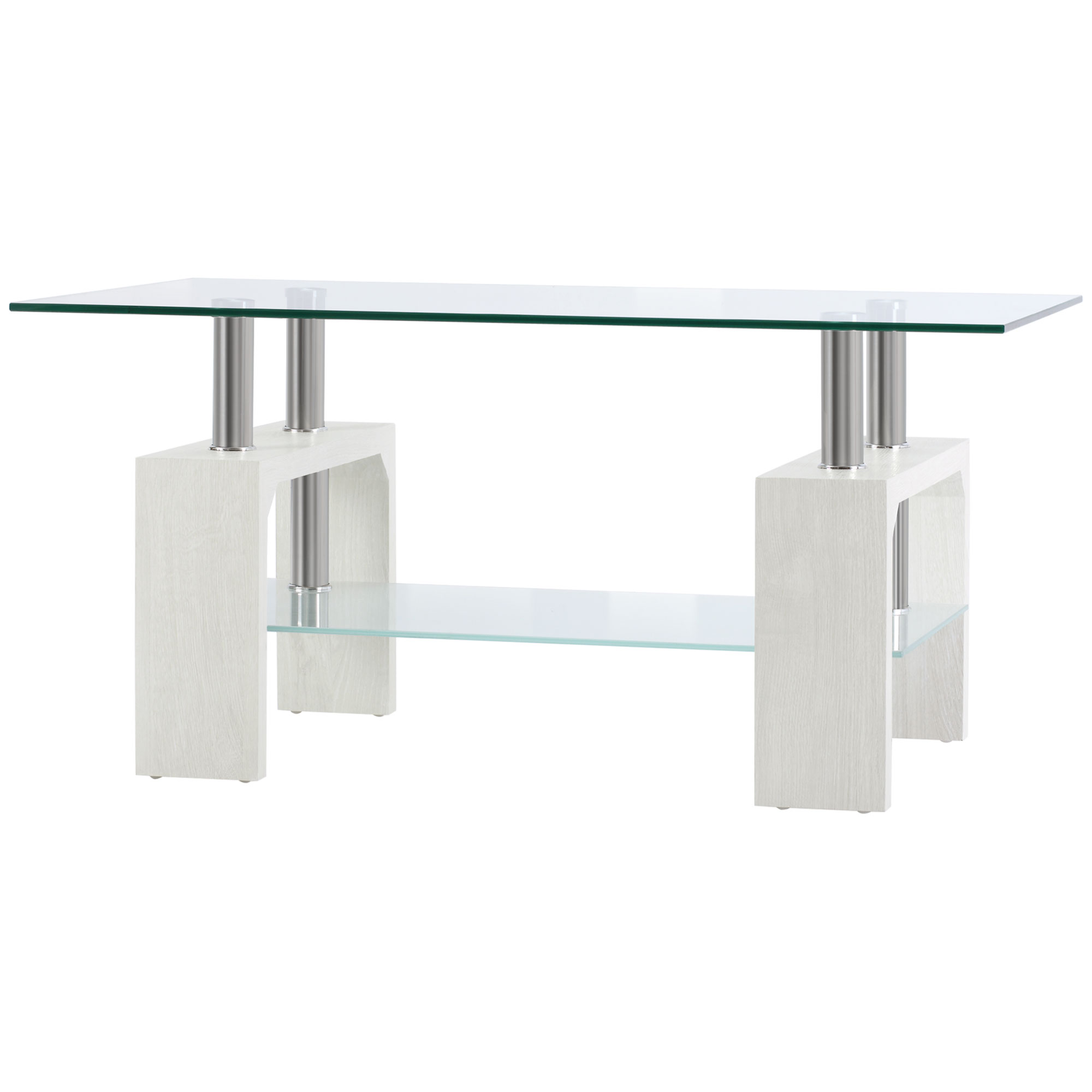 HOMCOM Moderner Couchtisch mit 2 Ebenen aus Glas und Holz, 90x50x42cm, Weiß
