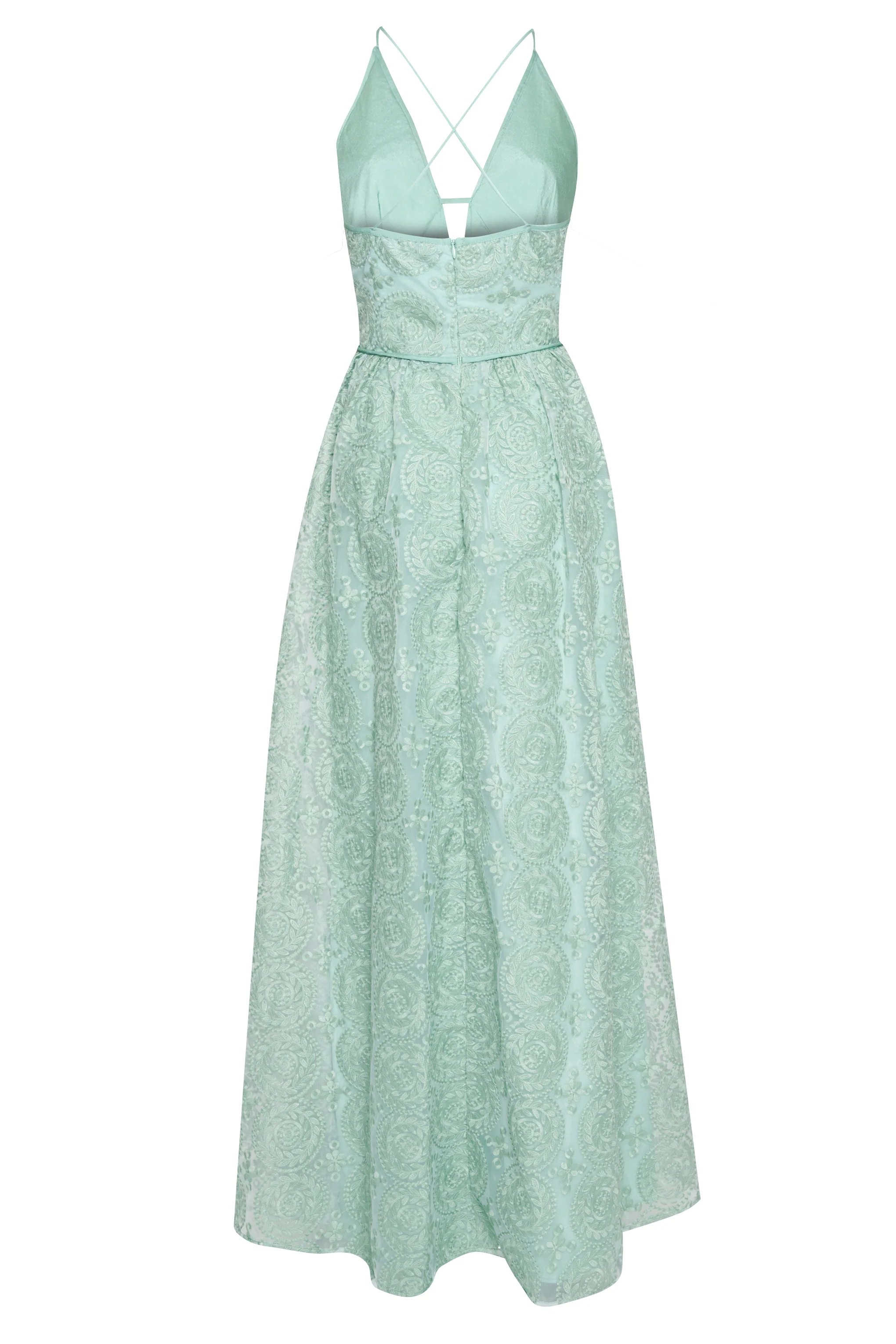 Matilda Dusty-Green Embroidery Plunge-Front Cross-Back Maxi-Dress