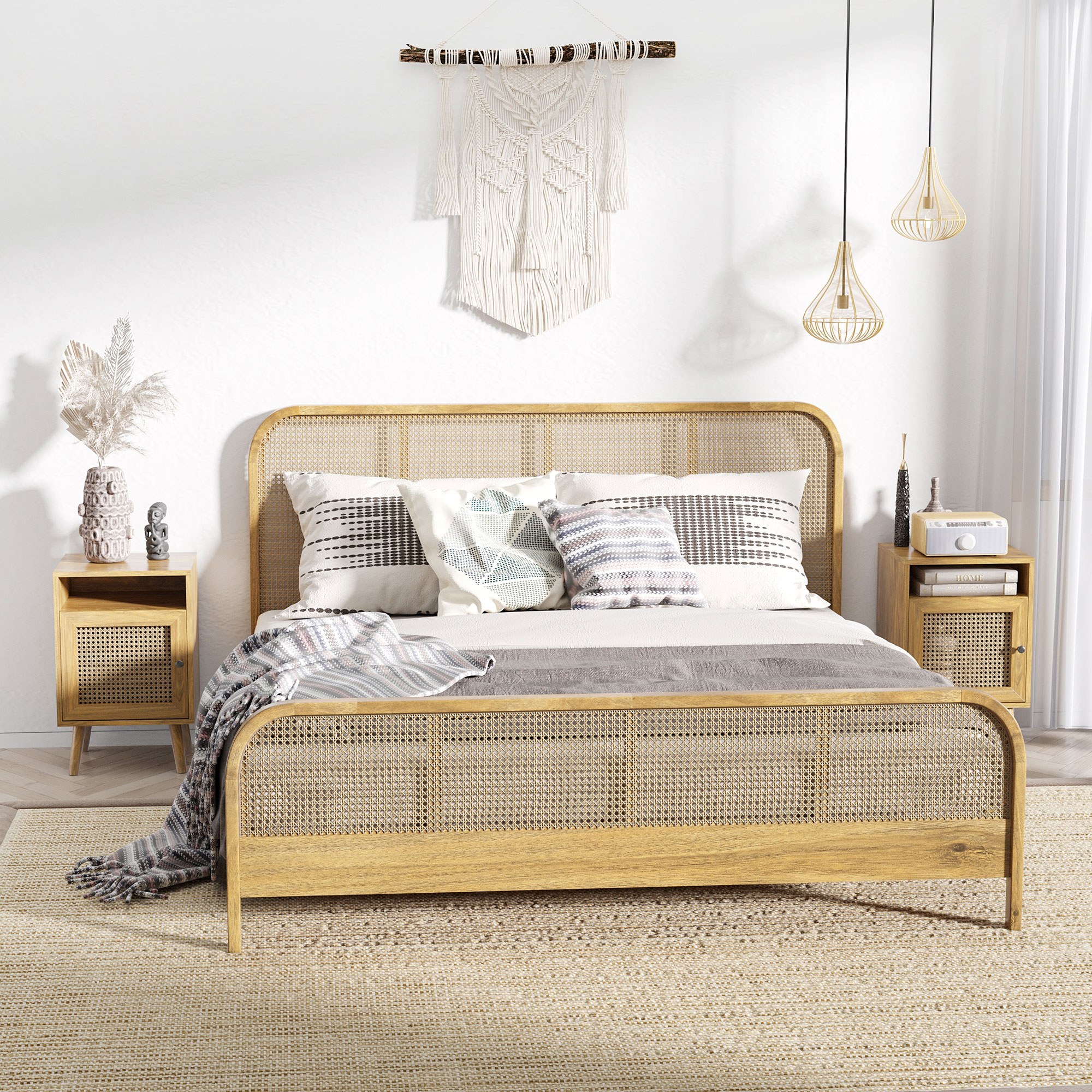 HOMCOM Nachttisch Nachtschrank mit Schrank Tür Rattan Flechtwerk und Fach Vintage Design 39 x 35 x 60 cm Natur