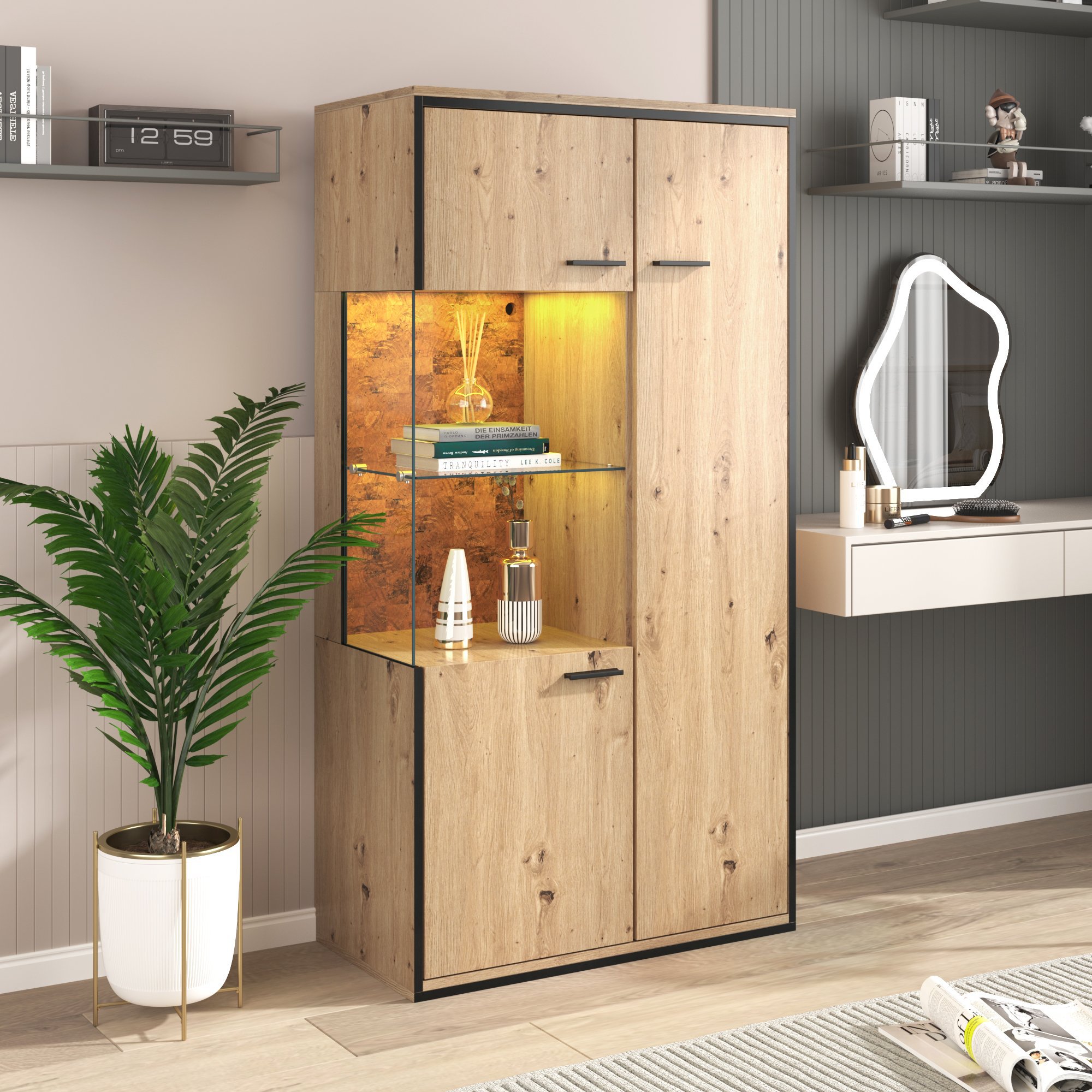 Moderne Vitrine mit LED-Beleuchtung, Glastür und Mehrzweckregalen, 15 Farboptionen, Großer Stauraum, Natürlich