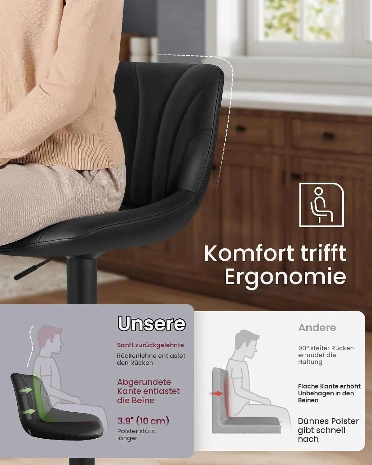 VASAGLE Barhocker mit gepolstertem Sitz, drehbar und höhenverstellbar