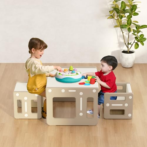 hoopyosms Set Tavolo e 2 Sedie per Bambini, Tavolo per Attività in Plastica per Bambini con Sgabelli, Tavolo e Sedie Cubiche Montessori, Mobili Educativi per Bambini Piccoli, Cachi : Casa e cucina