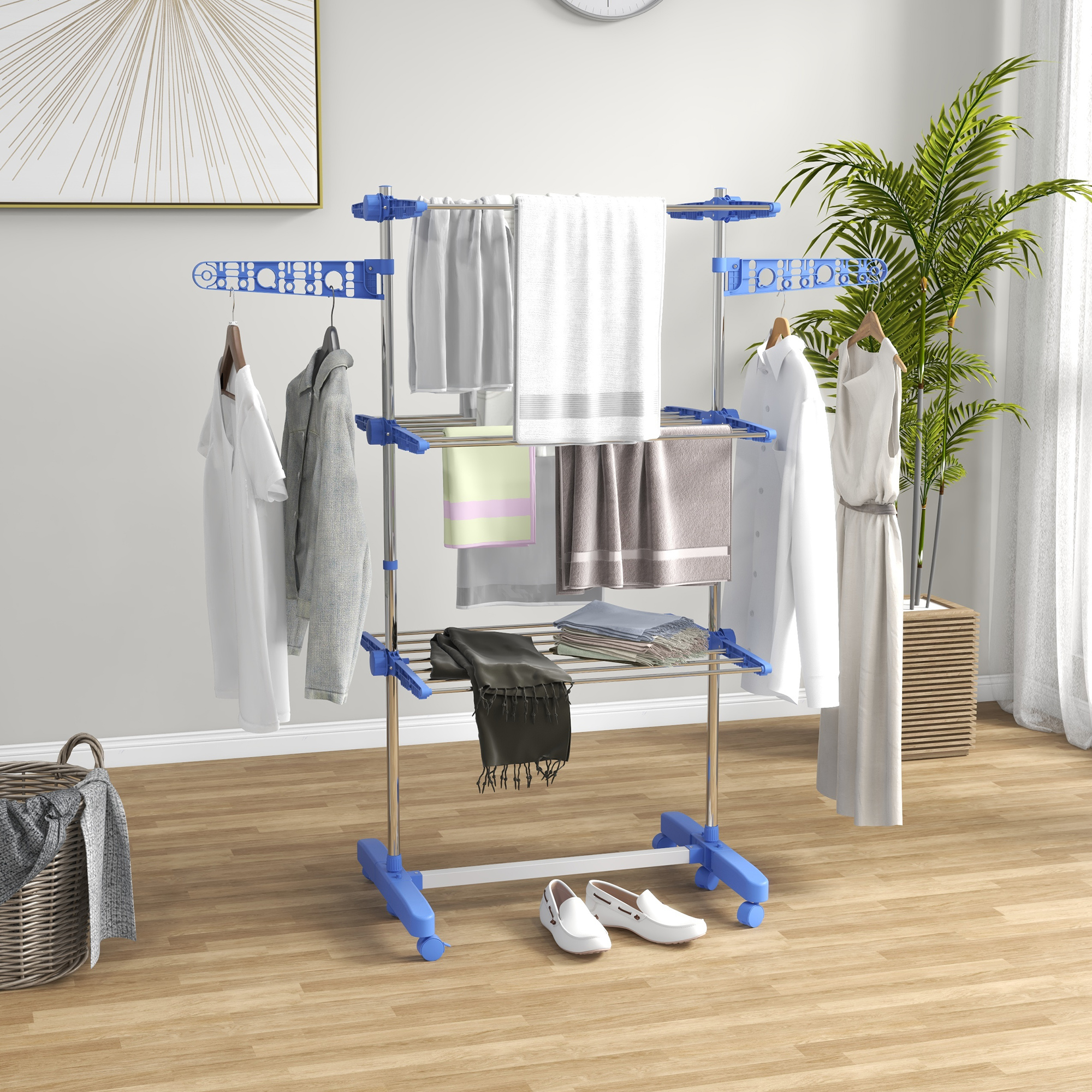 HOMCOM Wäschenständer Wäschetrockner. 4 Ebenen, klappbar, One-Klick-System, 142 cm x 55 cm x 152 cm Blau + Silber