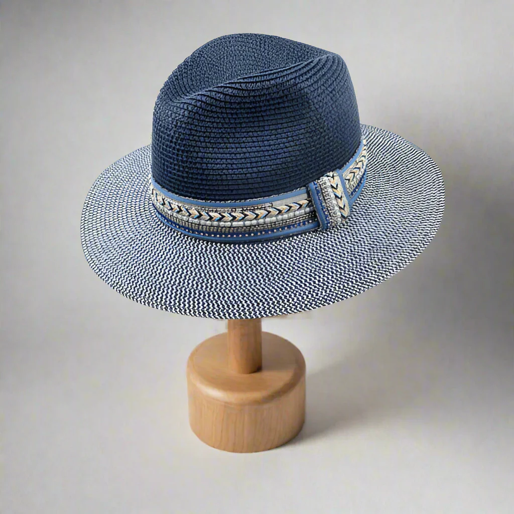Jewelled‑Band Foldable Panama Hat – Navy Blue�?57 cm) | Packable, Eco‑Friendly Sun Hat