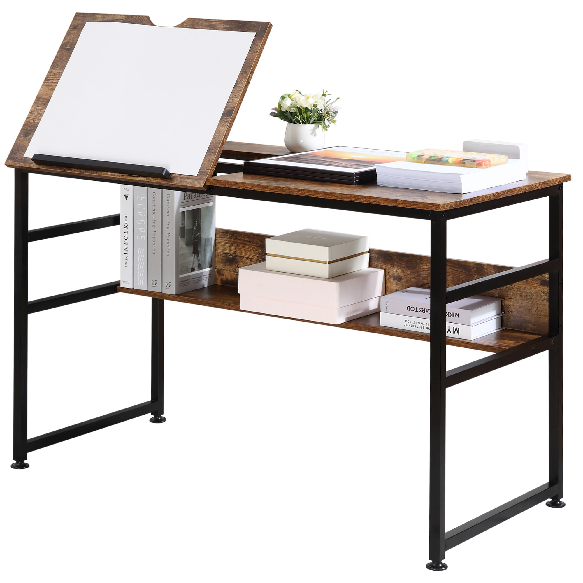HOMCOM Zeichentisch mit neigbarer Platte Industrie-Design Computertisch - klappbares Plateau, Regal - Spanplatten mit altem Holzdekor und schwarzem Metall