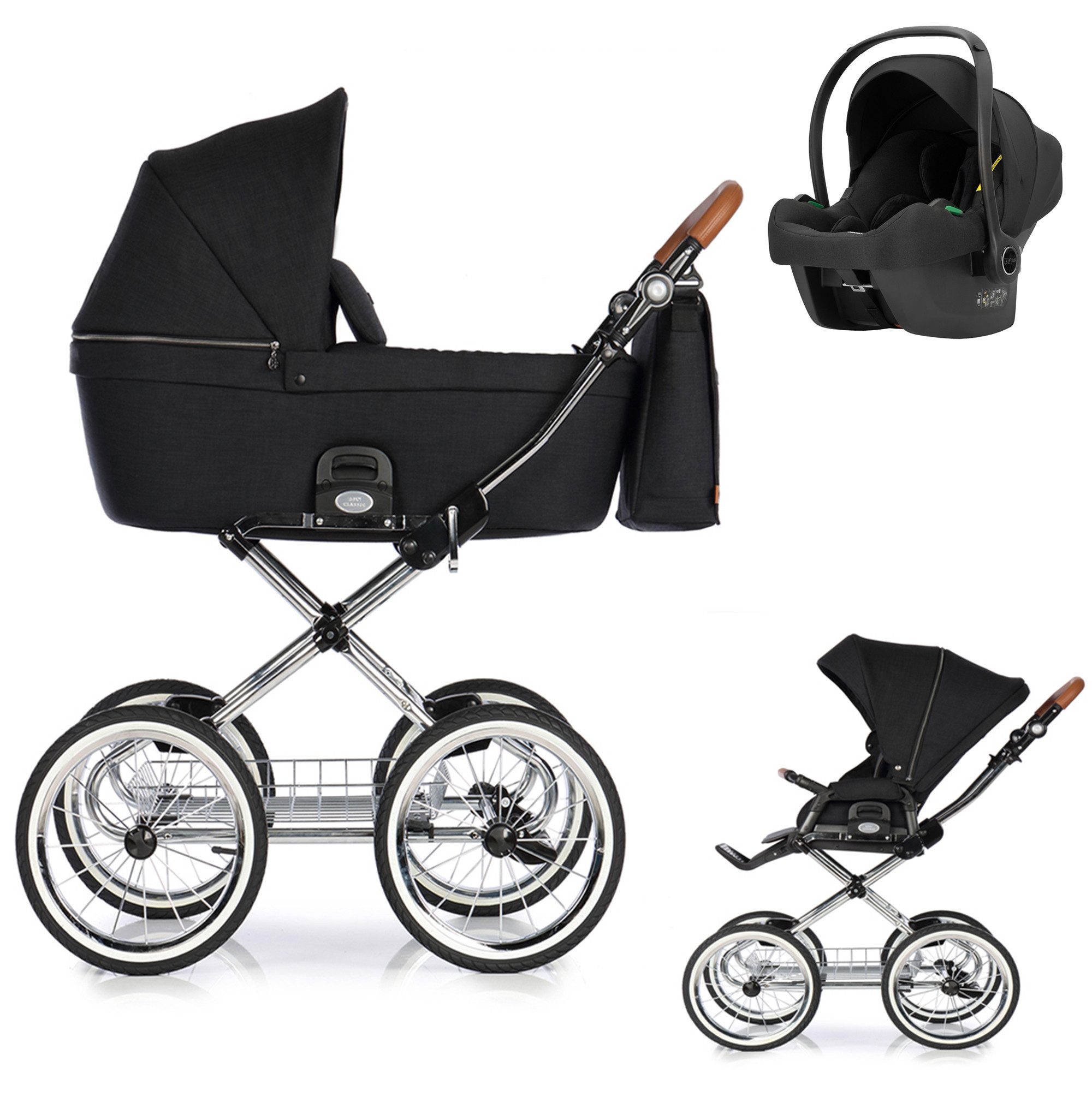 Kombi-Kinderwagen Coss Classic 4 in 1 mit Sportsitz, Autositz und Zubehör in 3 Farben