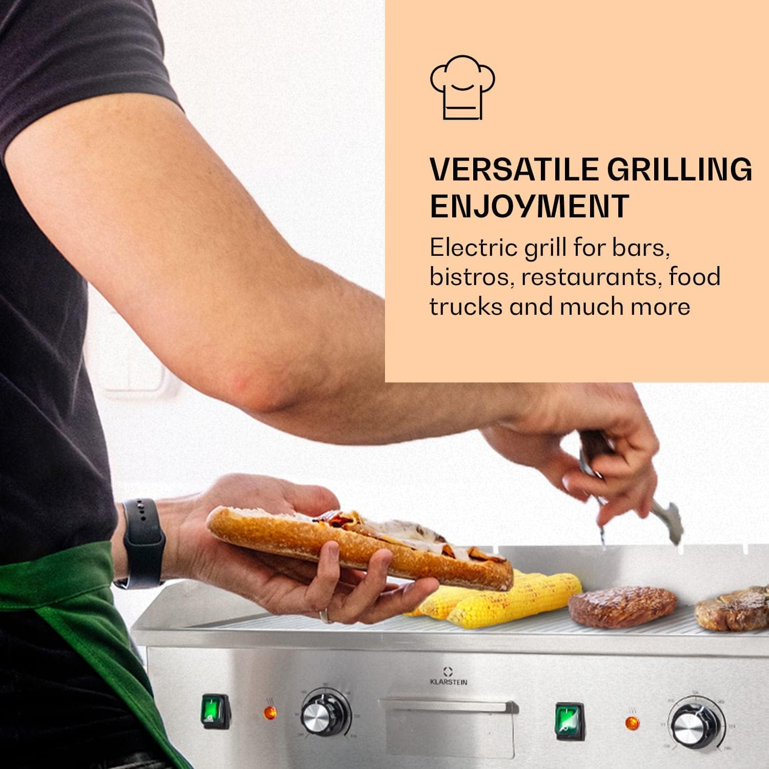 Klarstein Barbecue Elettrico, Griglia Elettrica Senza Fumo, Piastra Elettrica per Cucinare, Display LED, 2 Spatole, Bistecchiera Elettrica in Acciaio Inox, per Camping e Ristorante, 200W Argento