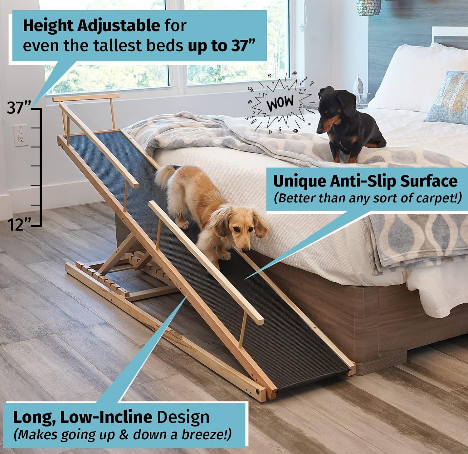 Dog Ramp for Beds – Adjustable up to 37′′ High Beds with Low Incline, Safety Rails & Anti-Slip Grip, for Small Dogs up to 50lbs – Solid Hardwood, Made in North America
