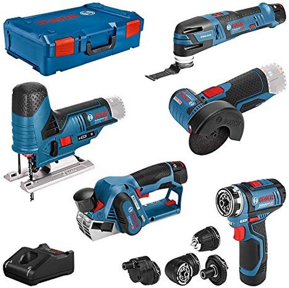 Bosch Professional Elektrowerkzeug, 2.0 Ah, 3.0 Ah, 12 V, Blau/Schwarz/Rot, System Combo Kit: GSR -15 FC (+4x Aufsätze) + GHO -20 + GWS