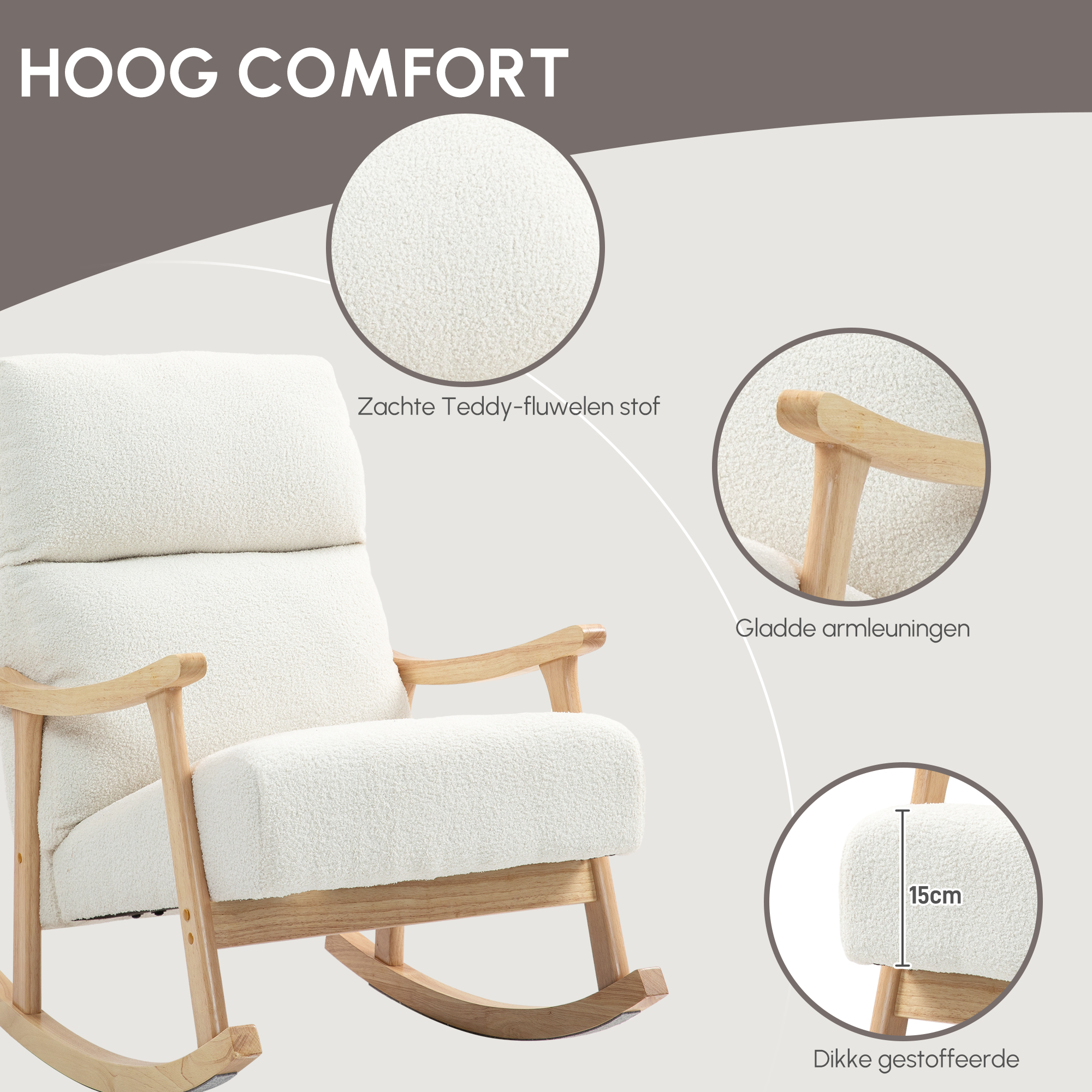 Schommelstoel met Fluweelachtige Bekleding, Ergonomische Rugleuning, Belastbaar tot 120 kg, 65B x 90T x 98H cm, Roomwit