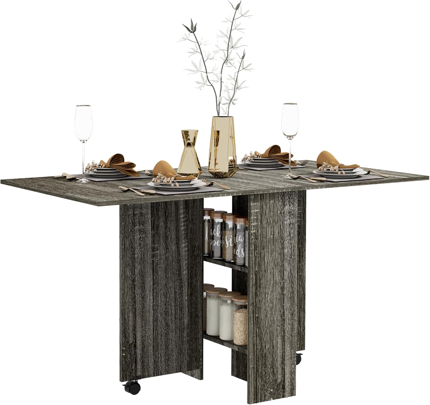 HOMCOM Tavolo da Pranzo Pieghevole, Tavolo Cucina a Ribalta per 6 Persone, Scrivania Richiudibile Salvaspazio con 2 Ripiani Aperti e Ruote a Freno, per Soggiorno, Ufficio, 140x75x74cm, Color Legno