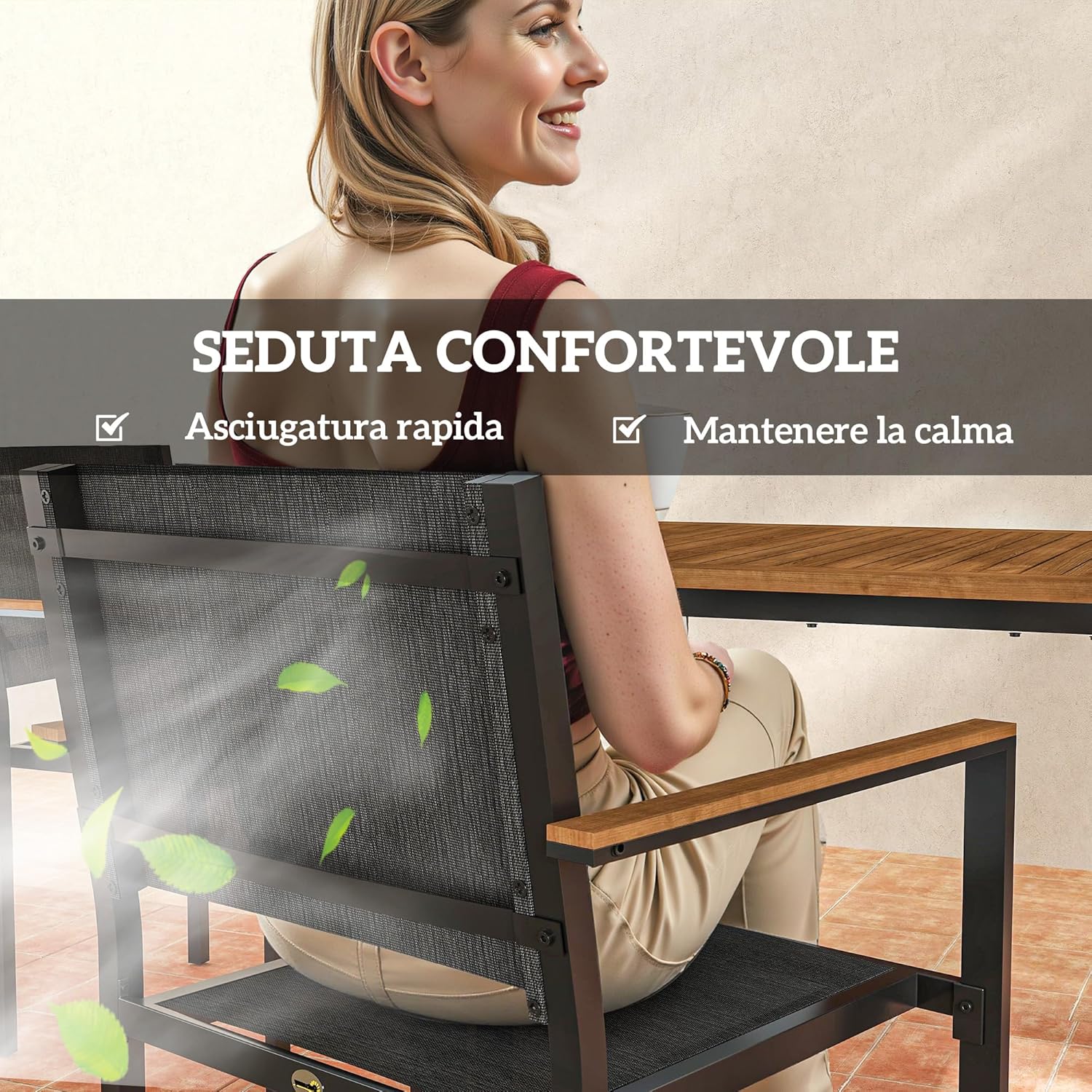 Outsunny Set Tavolo e Sedie da Esterno da 7 Pezzi, Set da Pranzo con Tavolo e 6 Sedie Impilabili con Braccioli, Mobili da Esterno in Acciaio, Texteline e Legno di Acacia per Terrazza, Teak