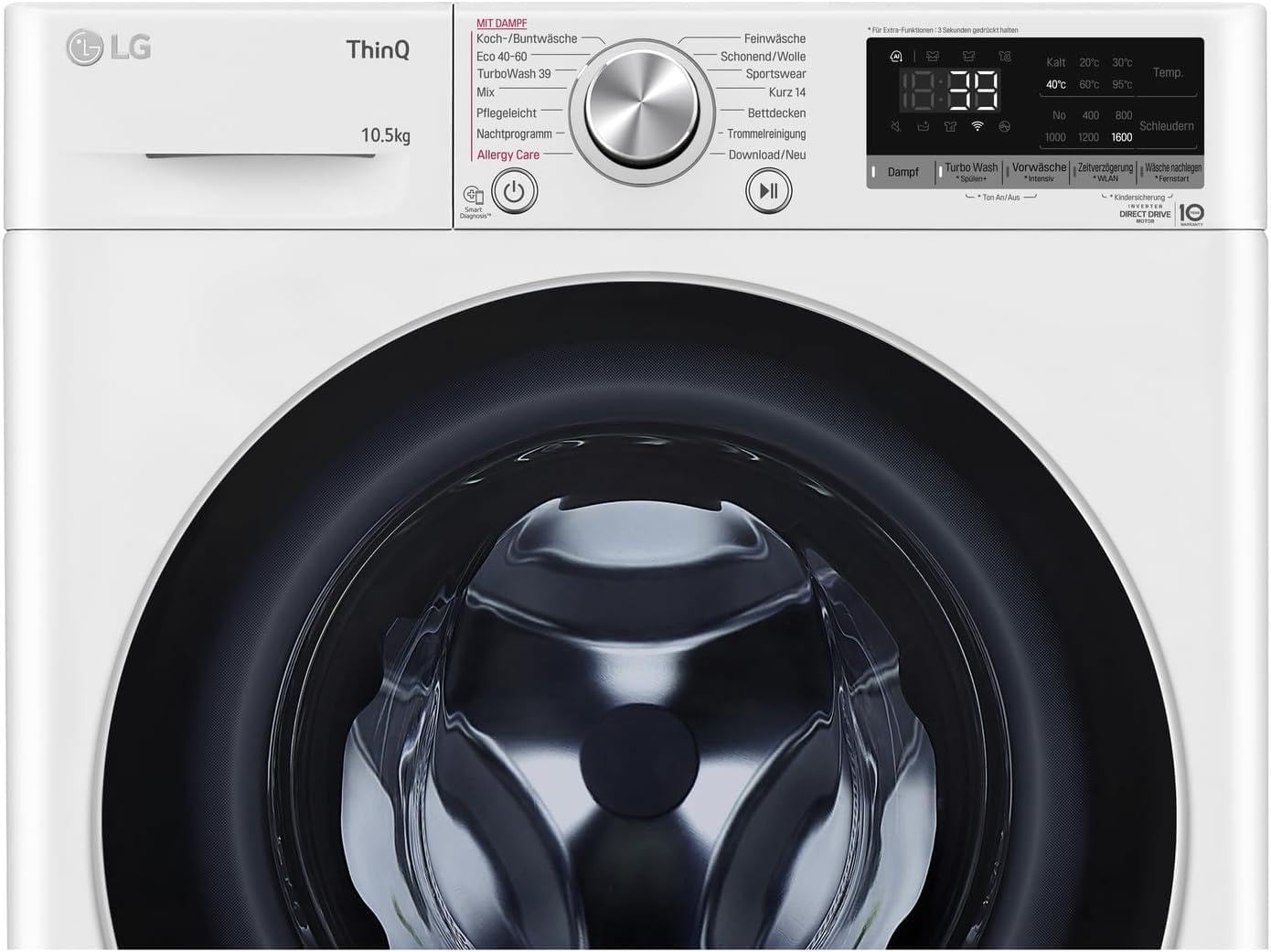 LG F4WV7080, Klasse A, Frontlader-Waschmaschine 8 kg, 1400 U/Min, AI Direct Drive, Wi-Fi, Tiefenreinigung mit Dampf, Groe Kapazitt, TRIPLE A, Auentür aus Sicherheitsglas, 62 x 60 x 85 cm Wei