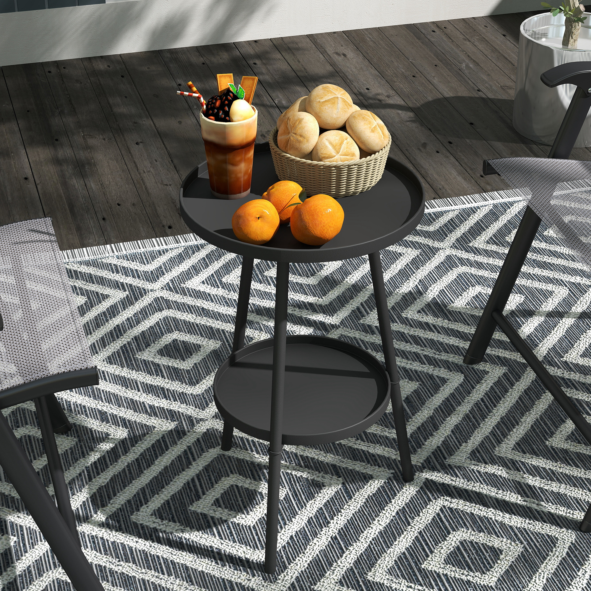 Outsunny Kleiner runder Beistelltisch mit 2 Ebenen Gartentisch für Terrasse Wohnzimmer Balkon aus Metall Ø 32 x 51 cm Schwarz