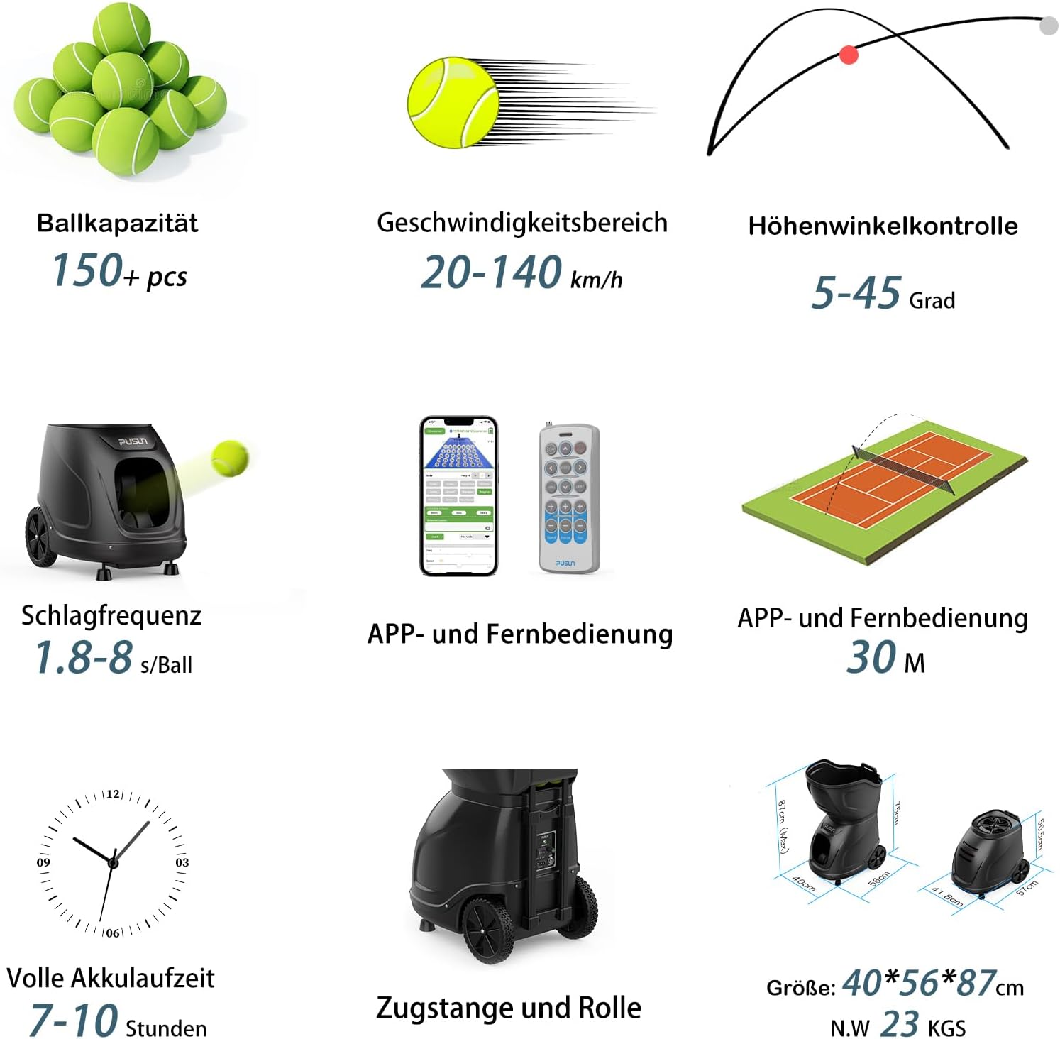 PT-9001Pro Tennisballmaschine - Profi Ballwerfer mit APP-Steuerung (App für Watch), 35 Landepunkte & Variable Geschwindigkeit, mobiler Ballwerfer (7-10 Std. Akkulaufzeit)