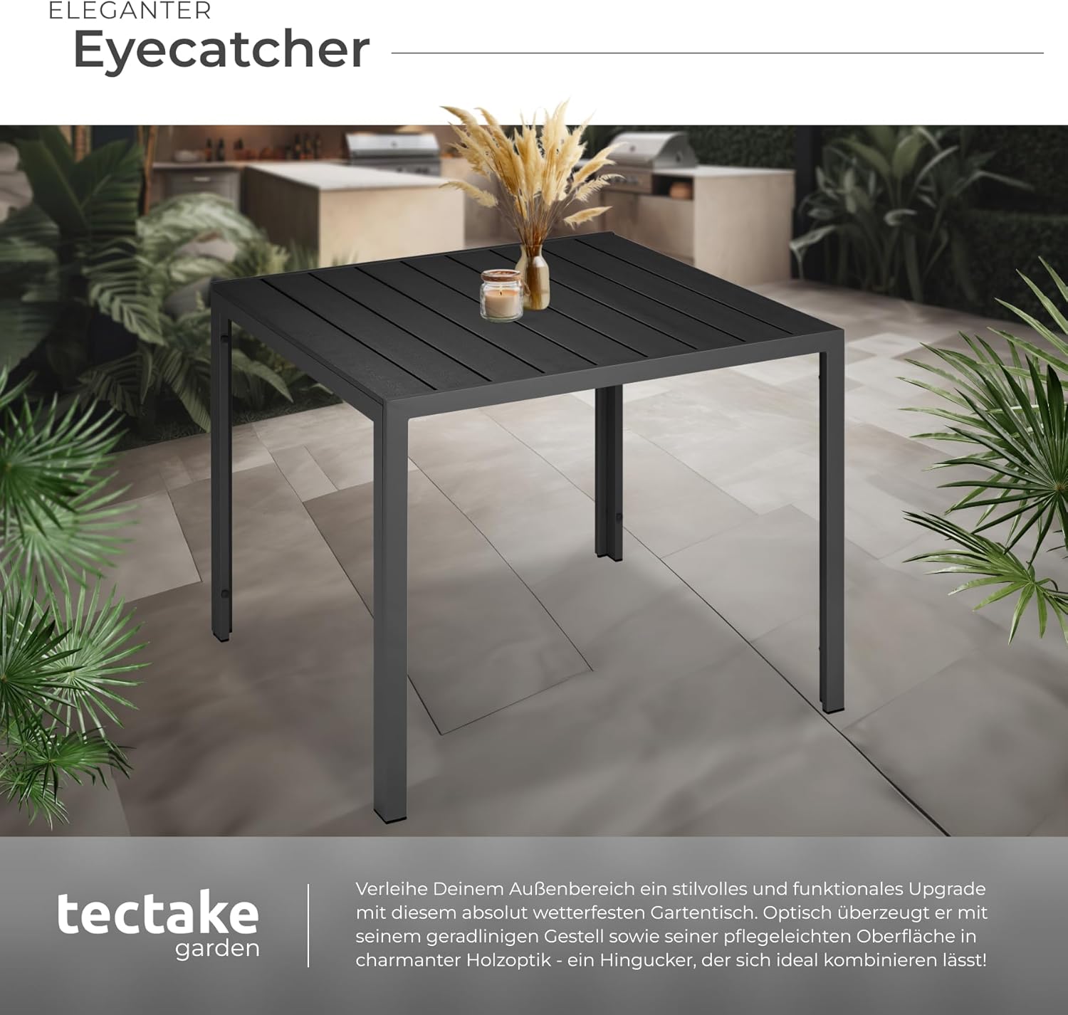 tectake® Gartentisch, Outdoor Esstisch, Balkontisch in Holz Optik, Terrassentisch mit Aluminiumrahmen, Gartenmöbel wetterfest, 90x90x74,5cm, Tisch für Garten, Lounge, Sitzgruppe - schwarz