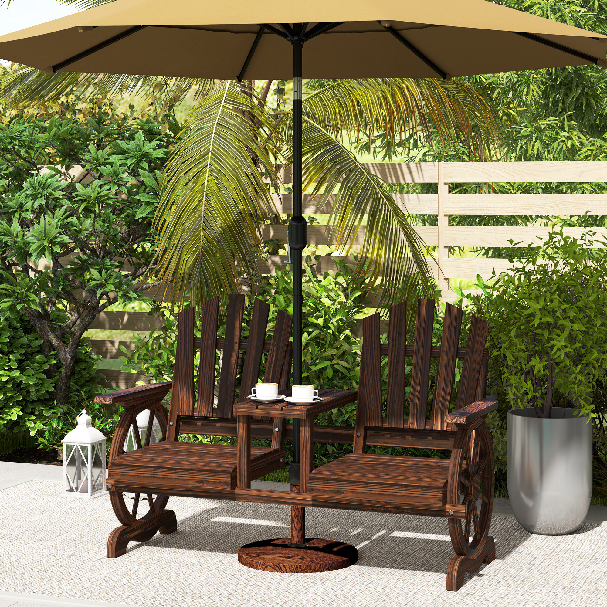 Outsunny Weerbestendige 2-Zits Houten Tuinbank met Paraplugat en Wagenwielpoten, 154 x 65 x 102 cm, Verkoolt