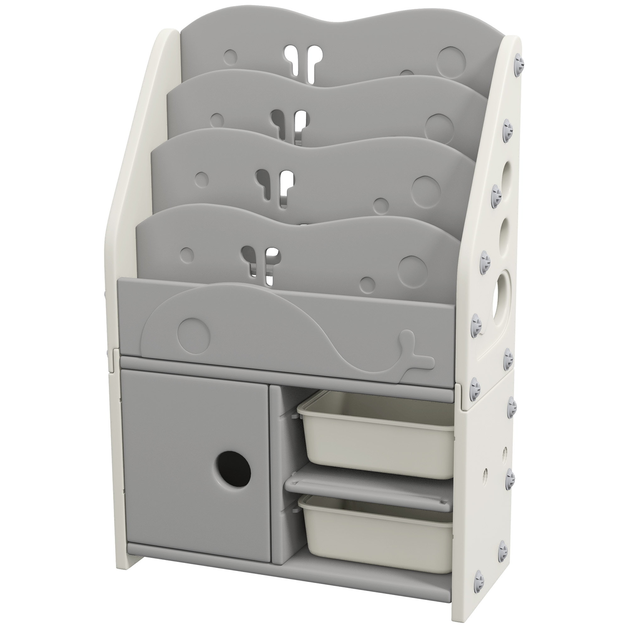 AIYAPLAY Kinderschrank, 4 Regalböden, 2 Aufbewahrungsboxen, HDPE, 67x29x98cm, Hellgrau