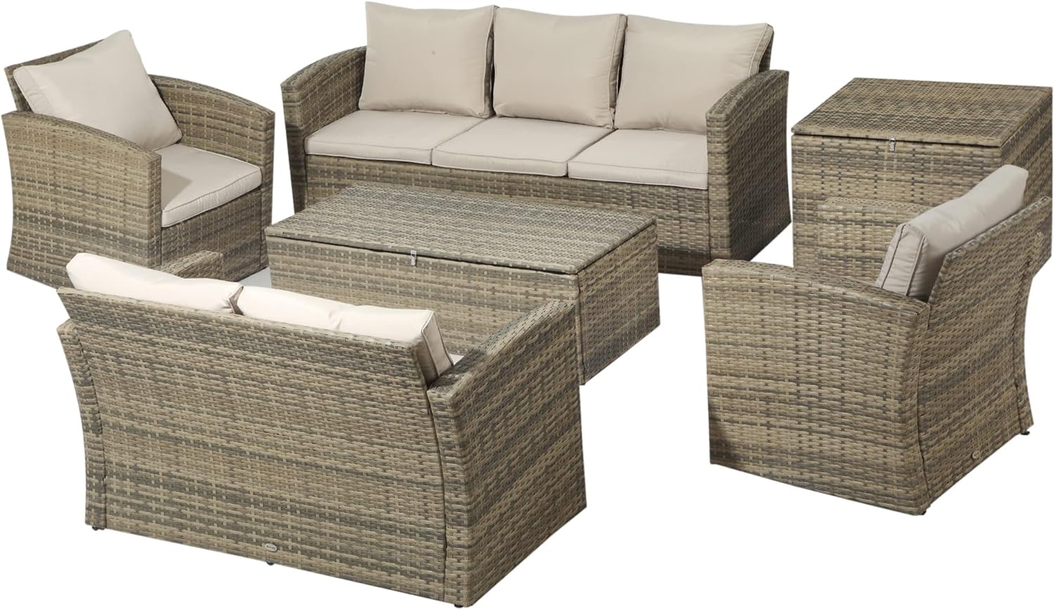 Outsunny Set Mobili da Giardino 6 Pezzi in Rattan, Salotto da Giardino con 2 Tavolini Contenitore, Divani e 2 Poltrone Imbottiti per 7 Persone, Beige
