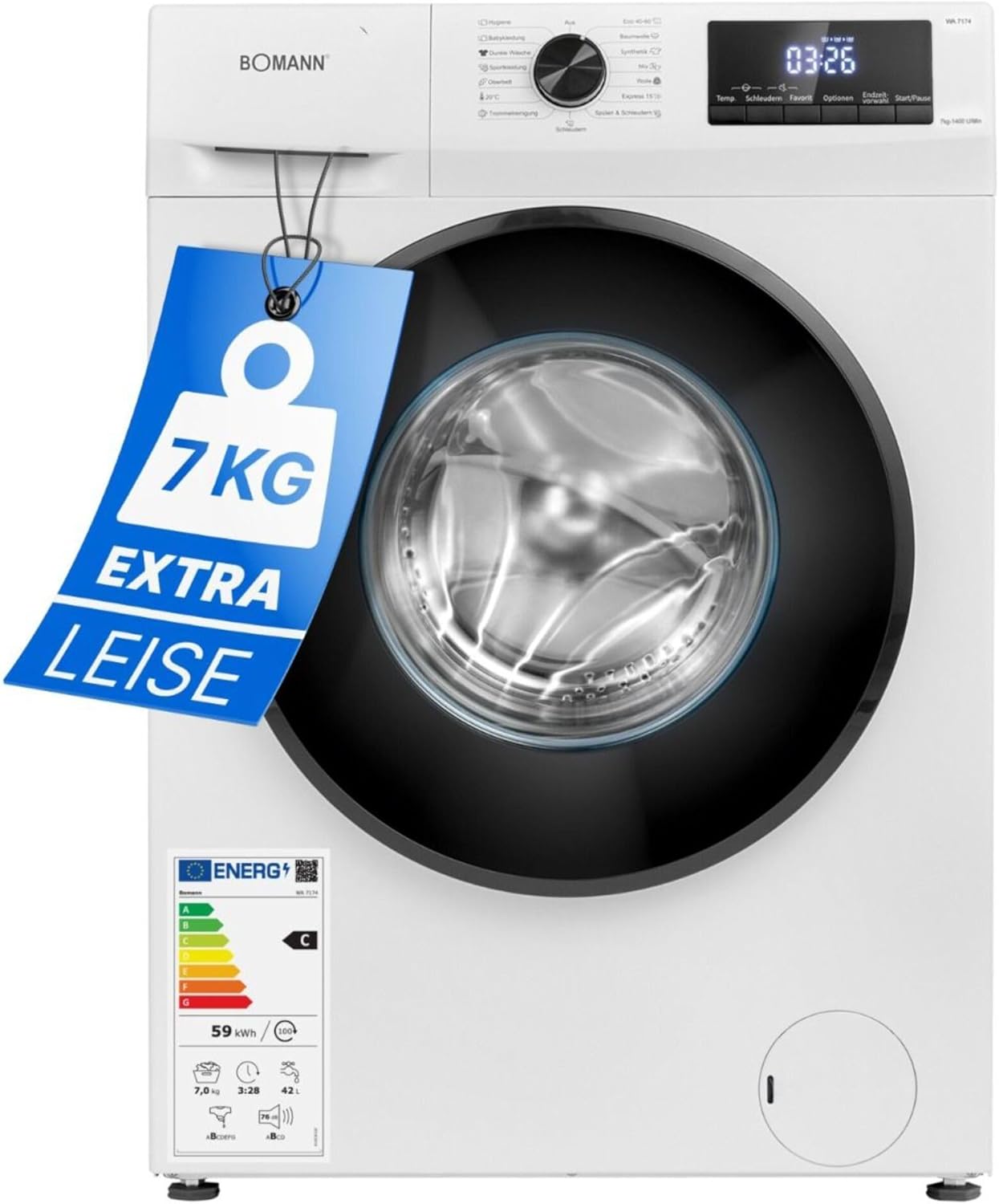 Bomann Wasmachine 7kg | maximaal 1400 tpm | 10 jaar motorgarantie | Efficinte, stille en duurzame invertermotor | 15 programma's | Eindtijd Netnummer | LED-scherm | Wasmachine | WA 7175 wit