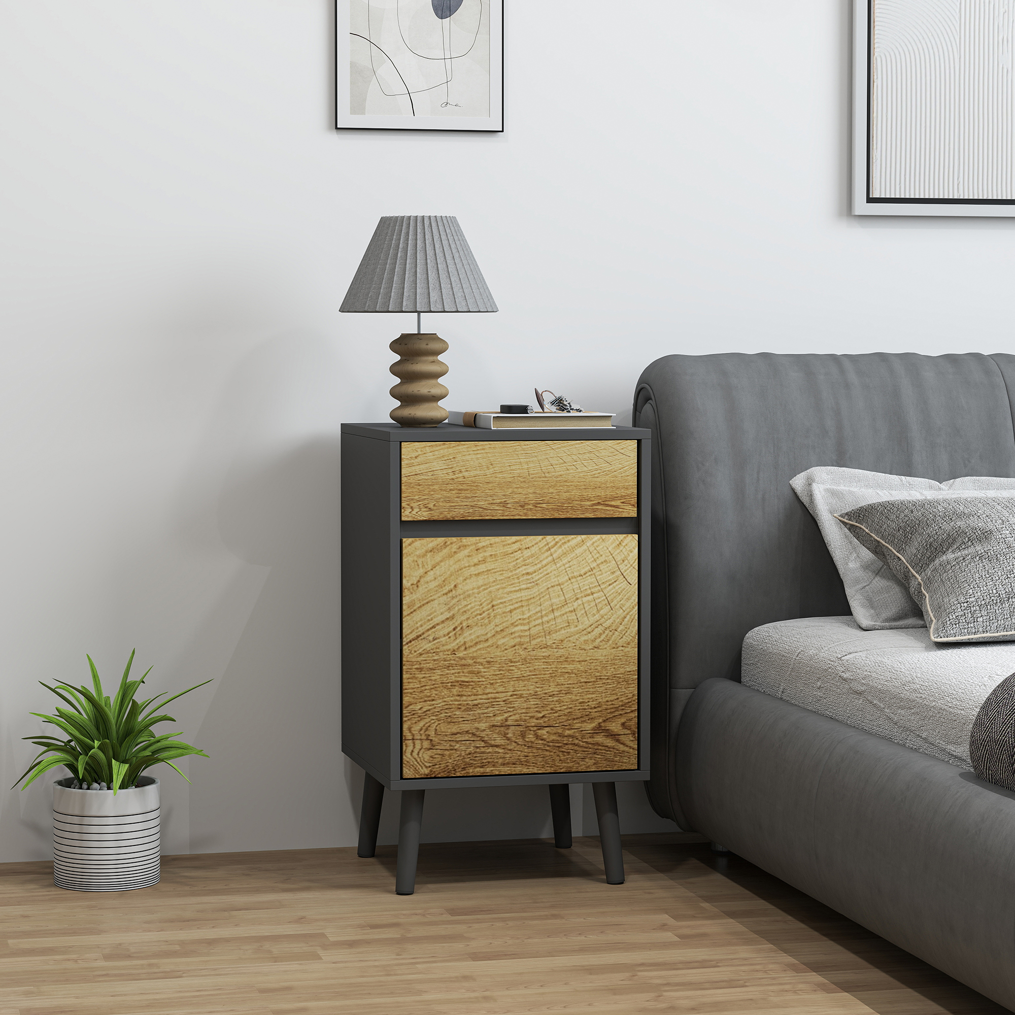 HOMCOM Nachttisch mit Schublade und Schrank, modernes Design ohne Griffe, 40x39x69 cm, Dunkelgrau und Holz