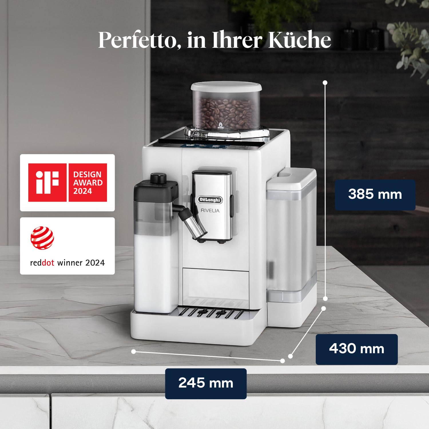 Kaffeevollautomat Rivelia 16 Getränke 1,4 l 3,5-Zoll-Touchdisplay austauschbare Bohnenbehälter LatteCrema Milchsystem Weiß