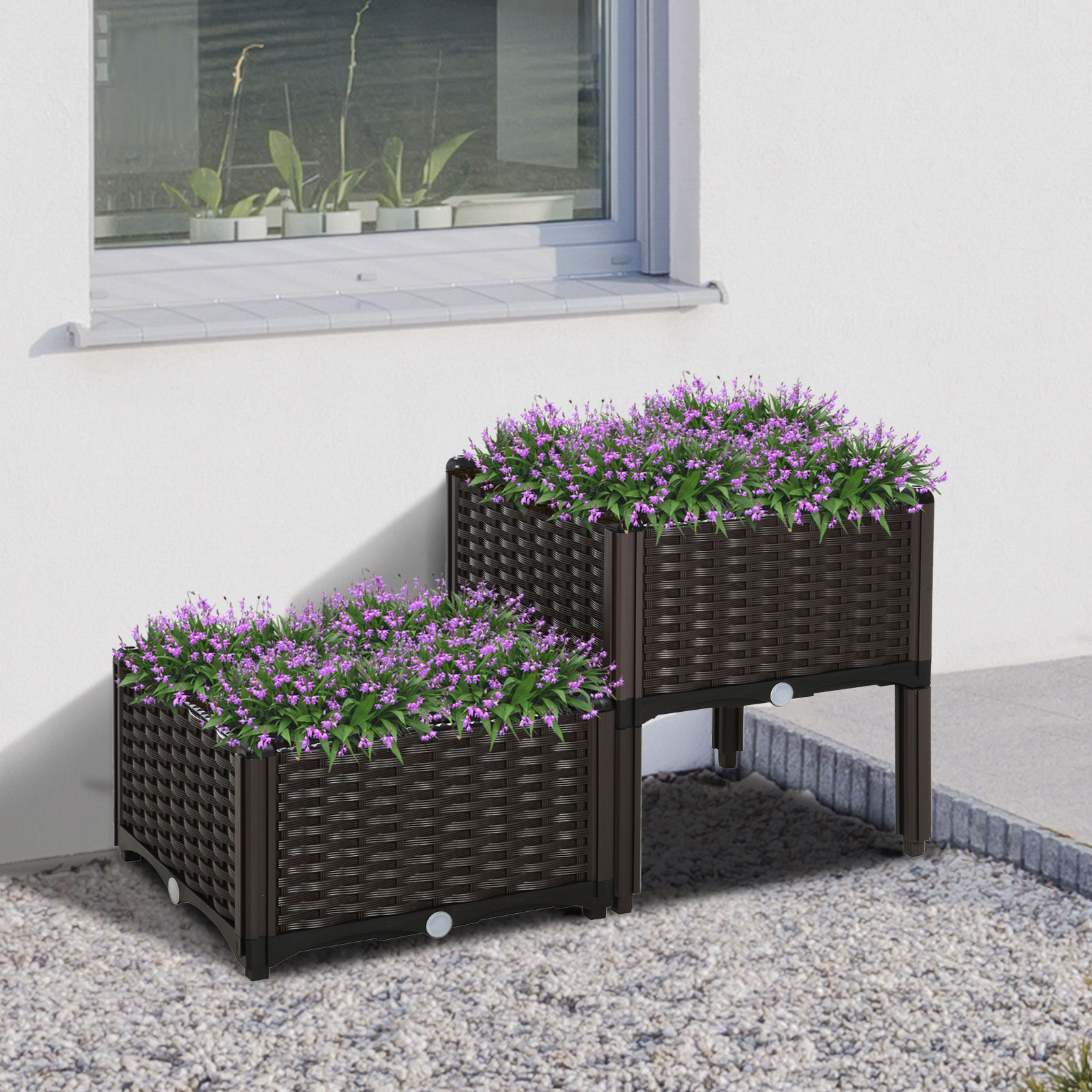 Outsunny Hochbeet, Pflanzkasten mit Abflusslöchern, Blumenkasten im Rattan-Look, Kunststoff, Braun, 40 x 40 x 44 cm