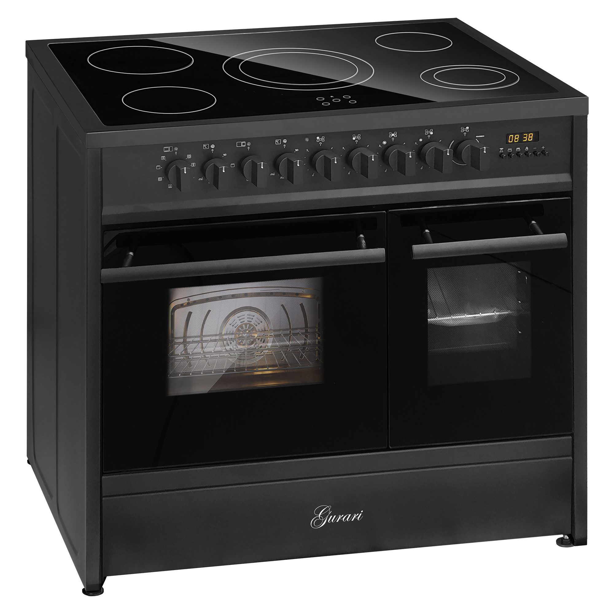 Elektro-Standherd Glaskeramik Herd 90 cm Schwarz Range Cooker Elektro Doppelbackofen mit Dunstabzugshaube 90 cm Schwarz Glas Wandhaube 1000m³/h Touch Control GCH E 912 DF BL+GCH S 155 BL 90 Prime.