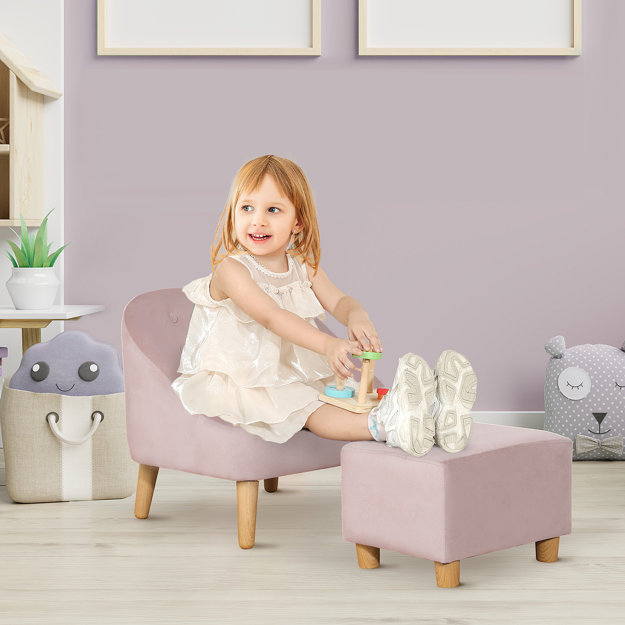 HOMCOM Kindersessel mit Ottomane für Kinder von 3 bis 5 Jahren Niedliches Design Samtoptik 51 cm x 51 cm x 50 cm Rosa