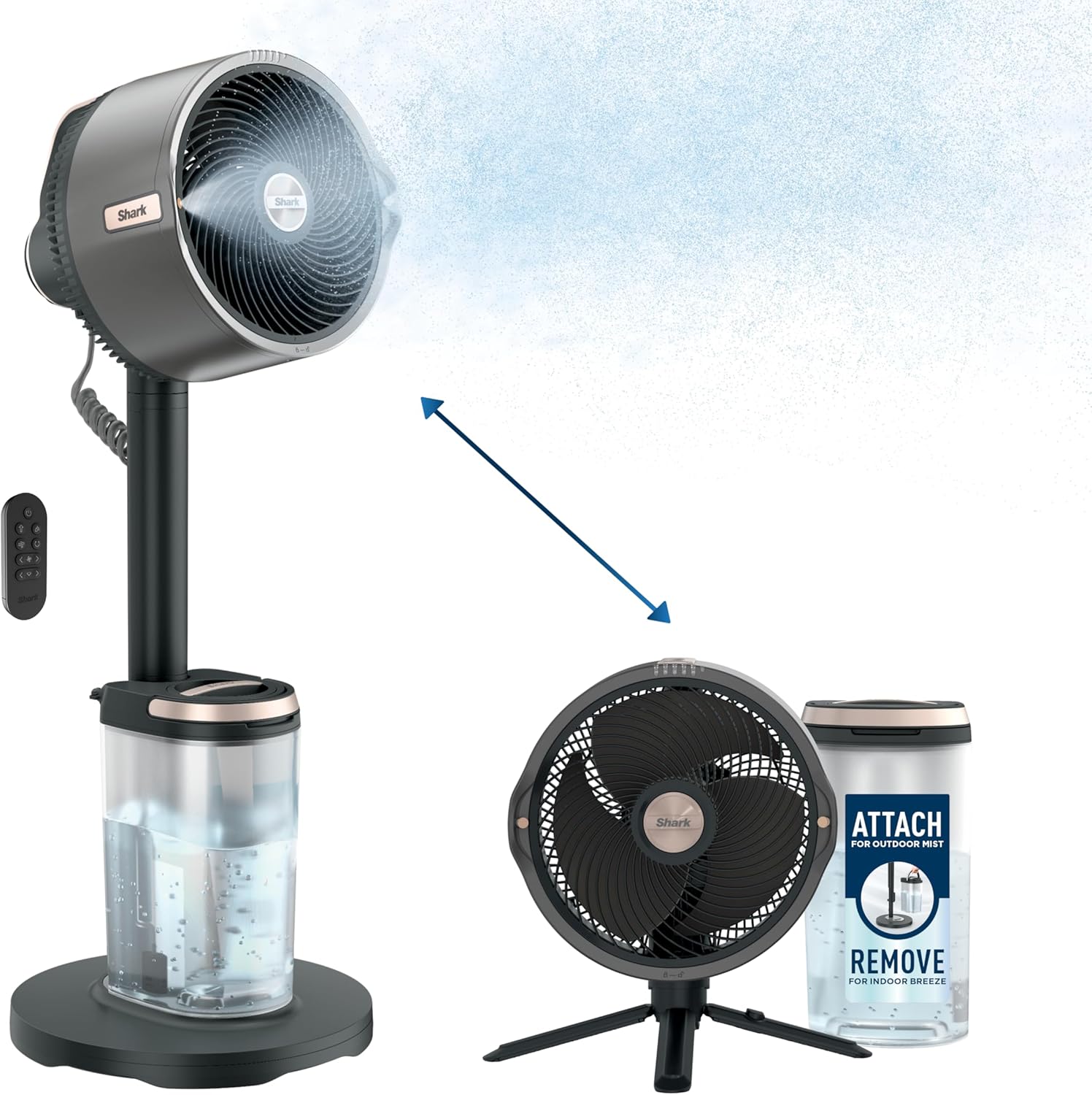 Shark FlexBreeze Pro Nebelventilator – Indoor & Outdoor, Integriertes Nebel, Sockel auf Tischplatte, kabelgebunden oder kabellos, bis zu 24 Stunden Akku, oszillierend, Anthrazit, FA302 (Version 2025)