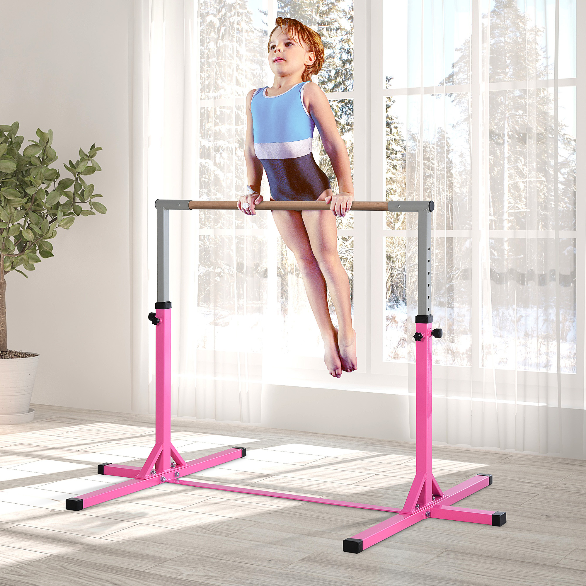 HOMCOM Gymnastik-Turnreck, 13-stufig höhenverstellbar Reckstange, Reck Turnstange aus Holz & stabile Stahlkonstruktion bis 75 kg belastbar, für 3+ Kinder, Indoor, Outdoor, Rosa