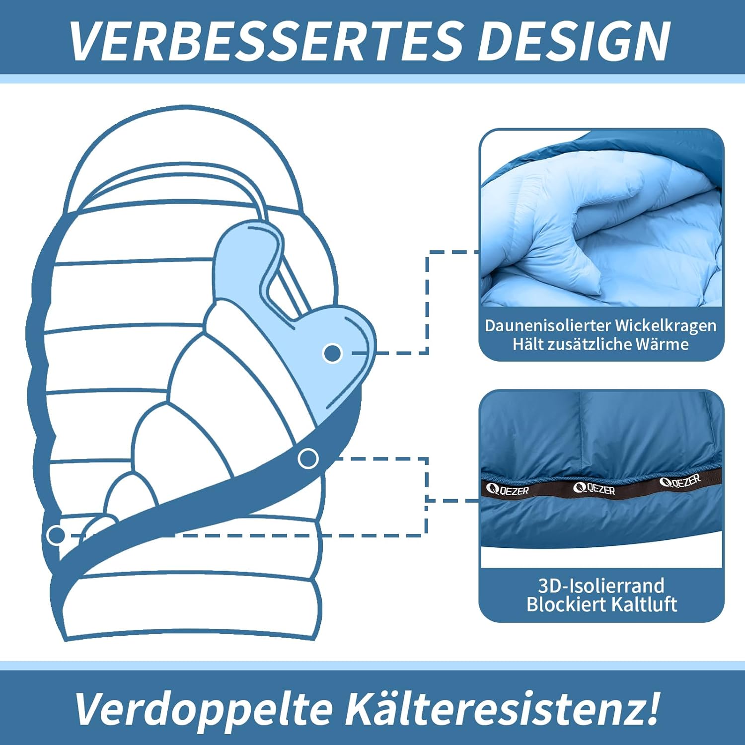 Daunenschlafsack, Winterschlafsack, gefüllt mit 650er Entendaunen. RDS-Zertifiziert. Geeignet für Temperaturen von 8 °C bis -30 °C, ideal zum Campen und Bergsteigen.