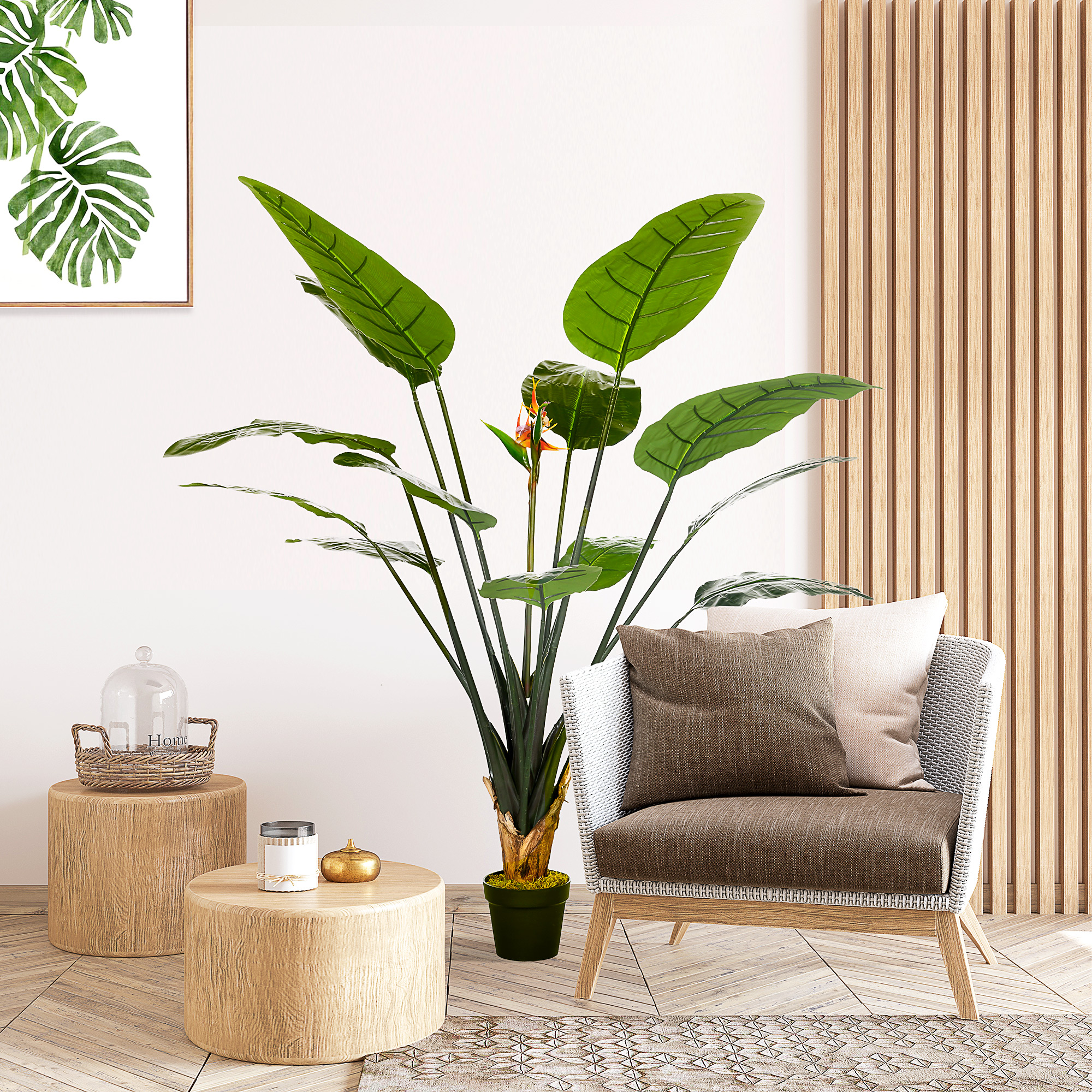 HOMCOM Kunstpflanze Paradiesvogel Strelitzia Höhe 1,80 m 13 Blätter und 2 Blüten sehr realistisch Topf inklusive