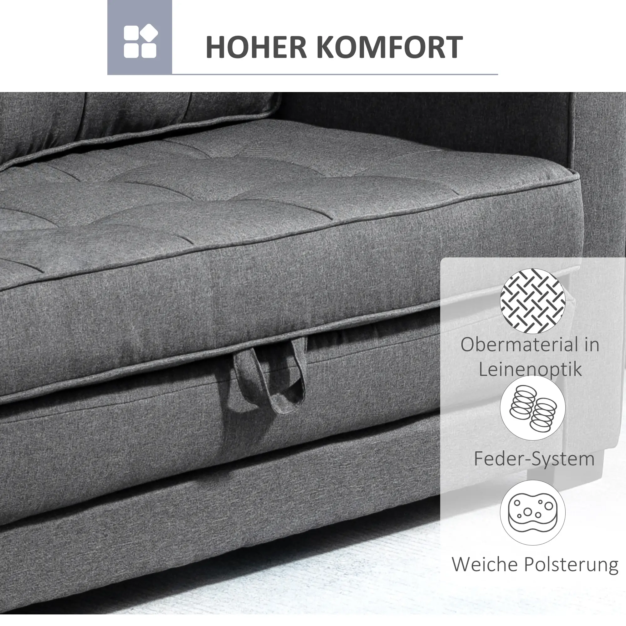 HOMCOM Schlafsofa 2-Sitzer ausziehbar Massivholz Federung Grau