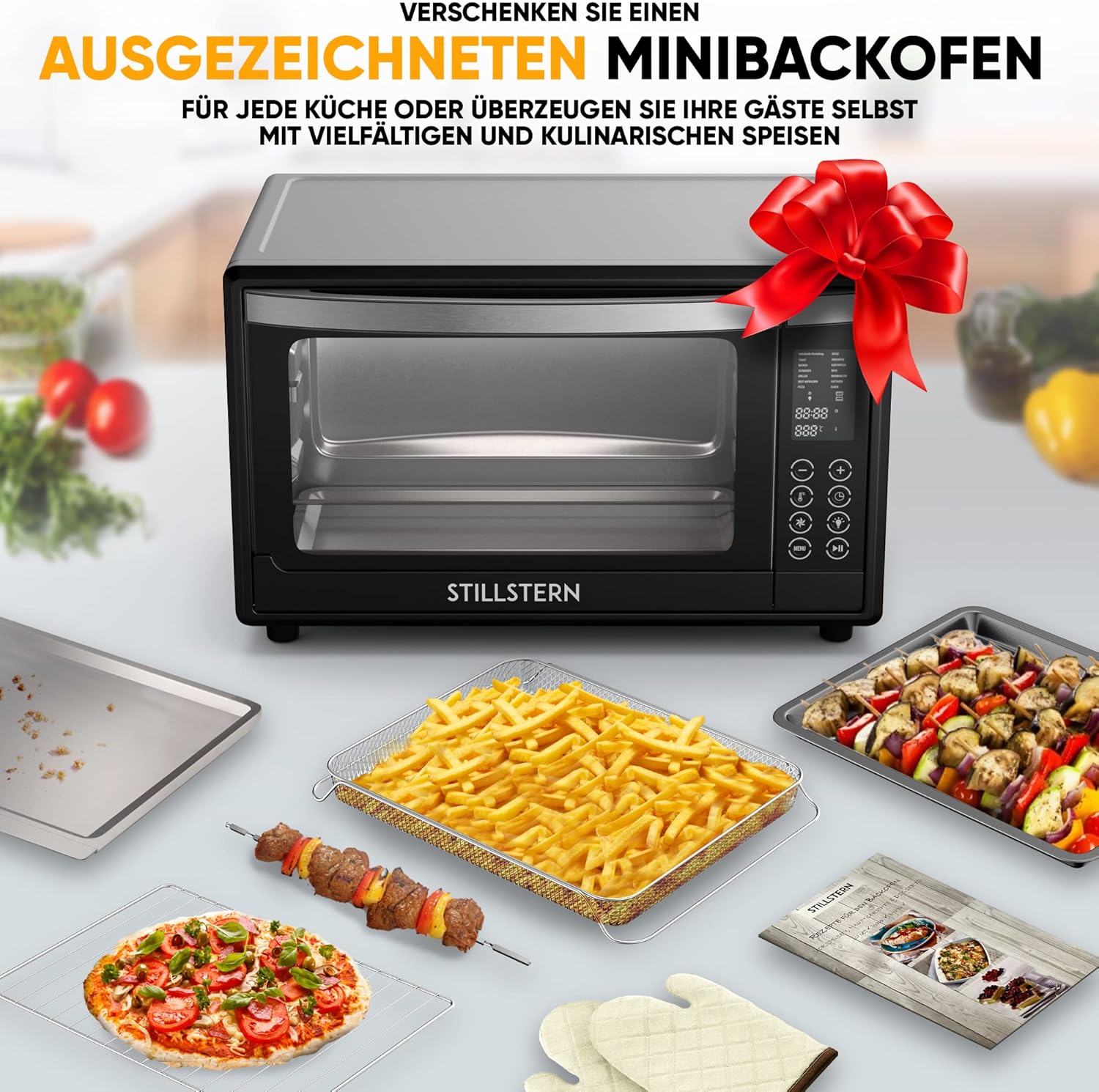 Stillstern Minibackofen mit Umluft (35L) DE Version, Pizza Ø28cm, NEU: CYCLONE PRO+ (Antihaftbeschichtung), 13 Programme, Auftauen&Warmhalten, 8h Timer, Rezeptheft, Mini Backofen Pizzaofen Grill