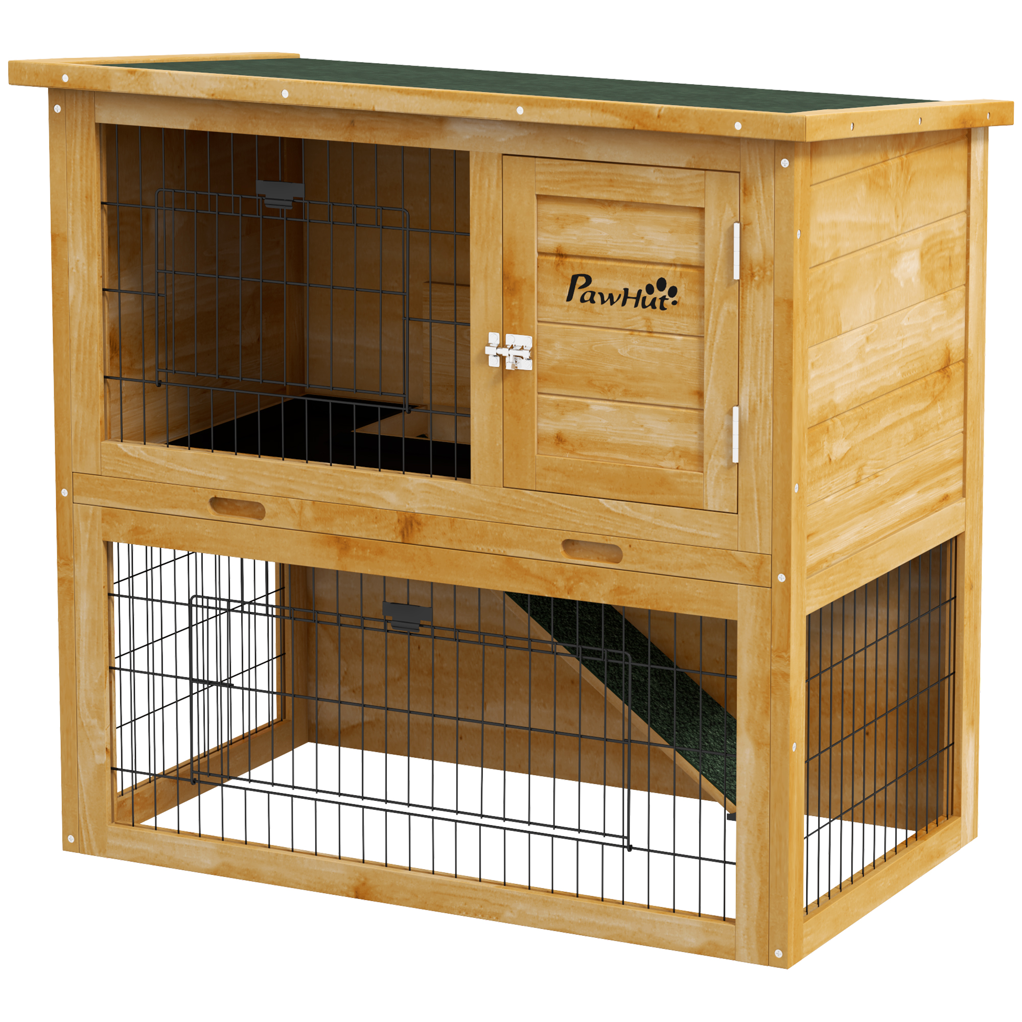 PawHut Kaninchenstall aus Holz 2 Etagen mit 3 Türen ausziehbarem Plateau Rampe Bitumendach 85 x 50 x 80 cm gelb
