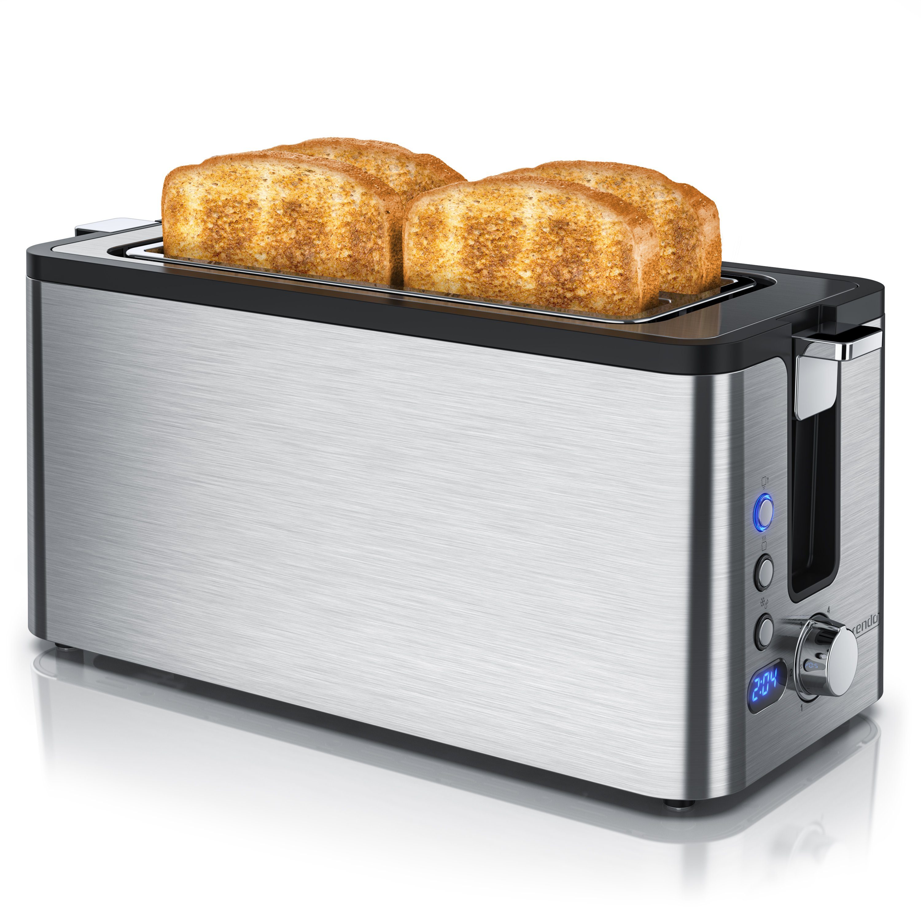 Toaster Edelstahl, Langschlitz, Display mit Restzeitanzeige, Brötchenaufsatz