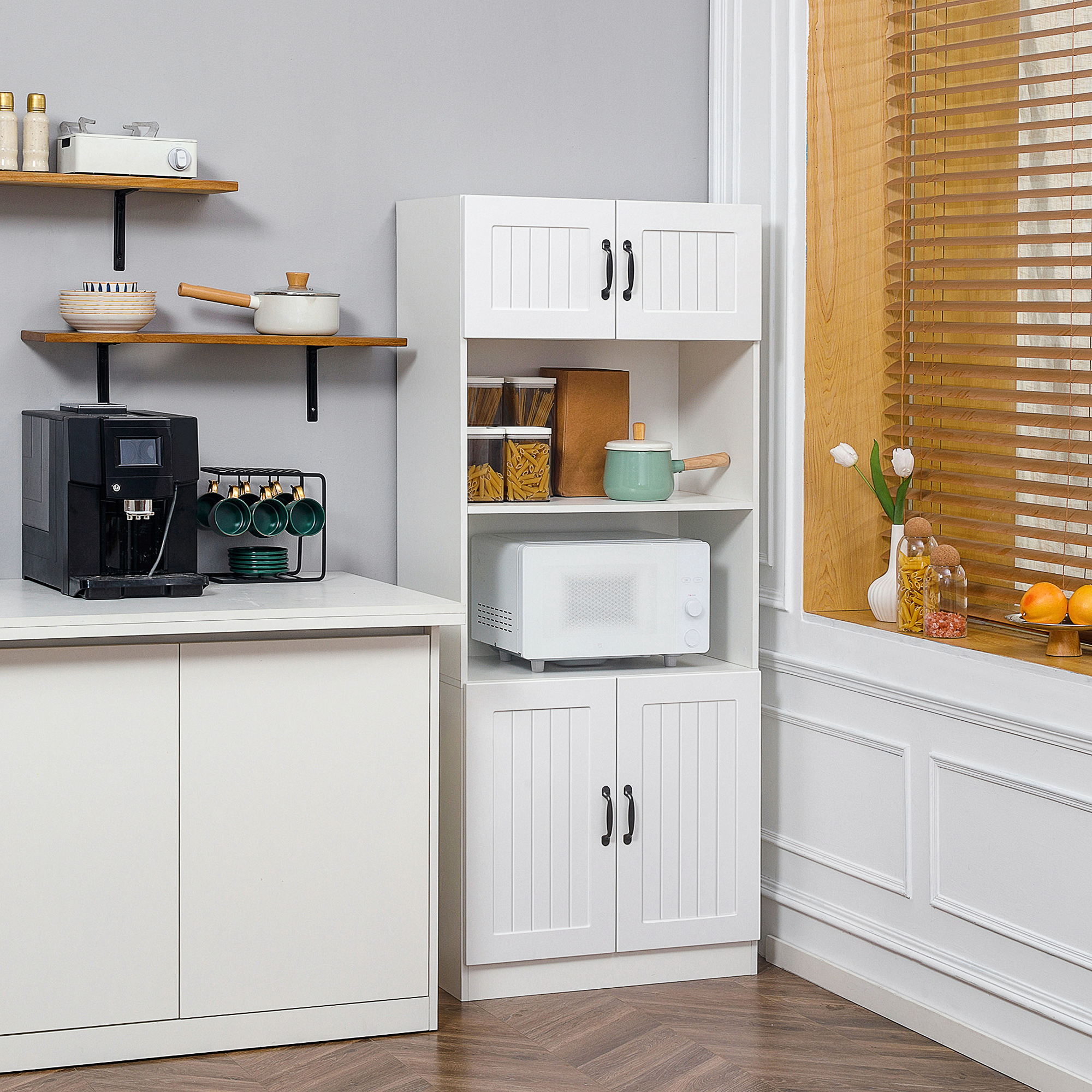 HOMCOM Küchenschrank Küchenbüffet Schrank, Landhausstil, 2 Schränke, 2 Regale,  70 cm x 40 cm x 170 cm Weiß + Schwarz