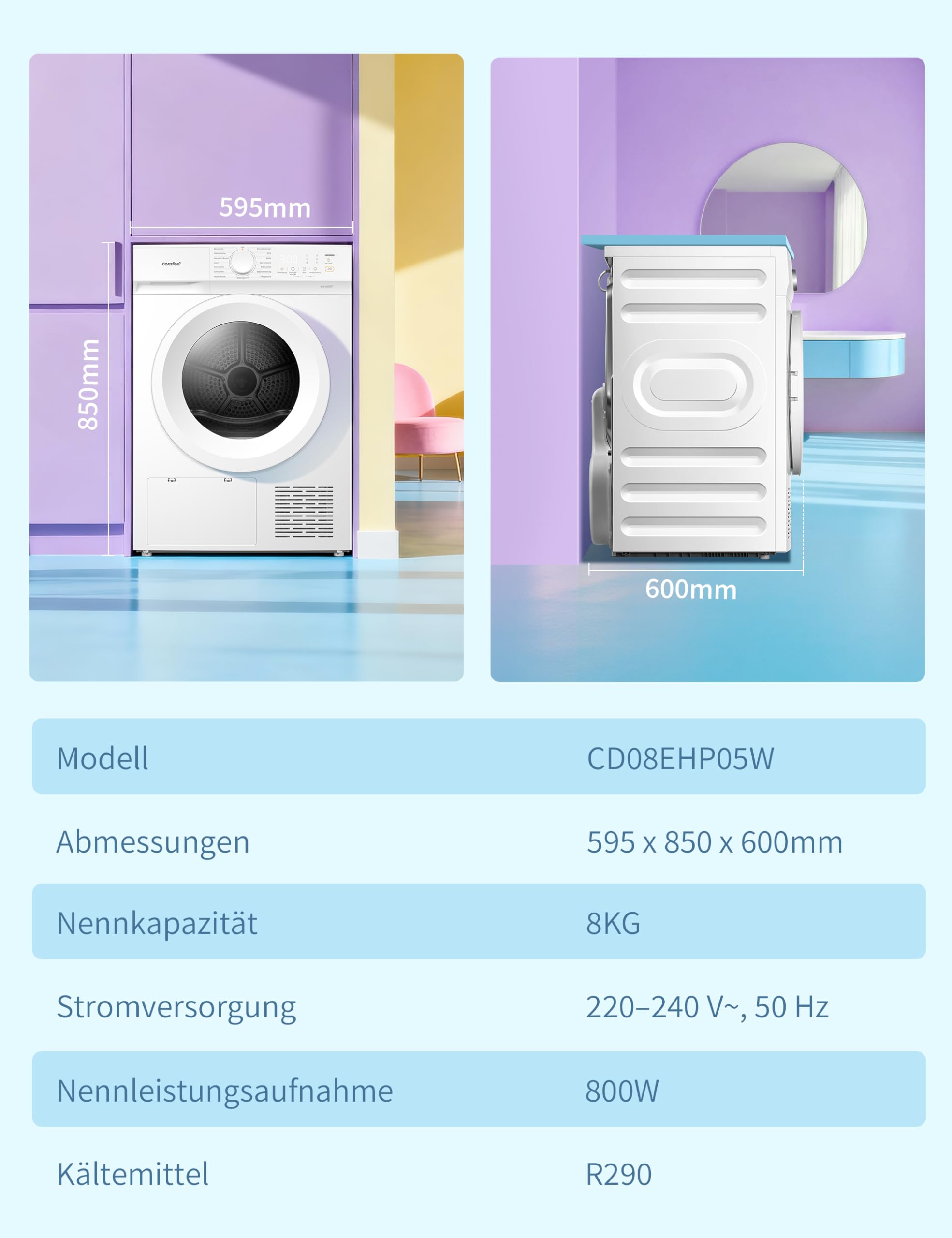Wäschetrockner CD08EHP05W 8 kg Wärmepumpentechnologie Energieeffizienzklasse D Weiß UV-Licht 30 Min Schnelltrocknen