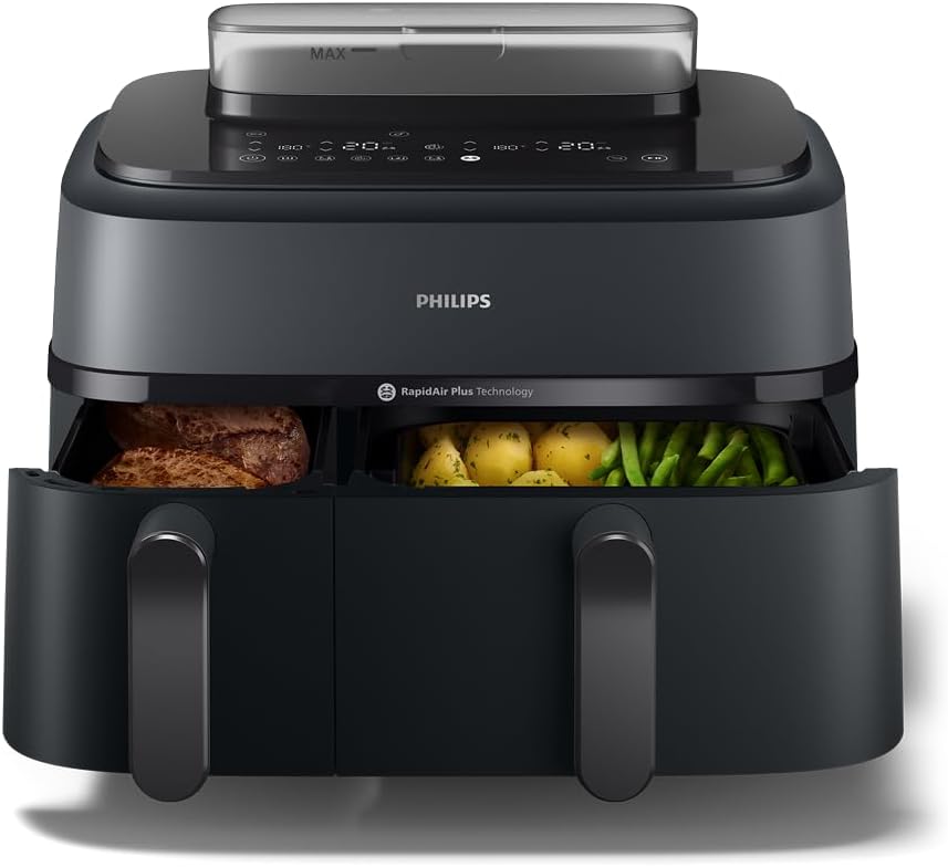 Philips Steam Airfryer 5000 Series Dual Basket Heißluftfritteuse mit Dampfgar-Funktion & 2 Körben – Steam, Airfry, SteamFry, 9L (3L+6L), RapidAir Plus, automatische Dampfreinigung (NA550/00)