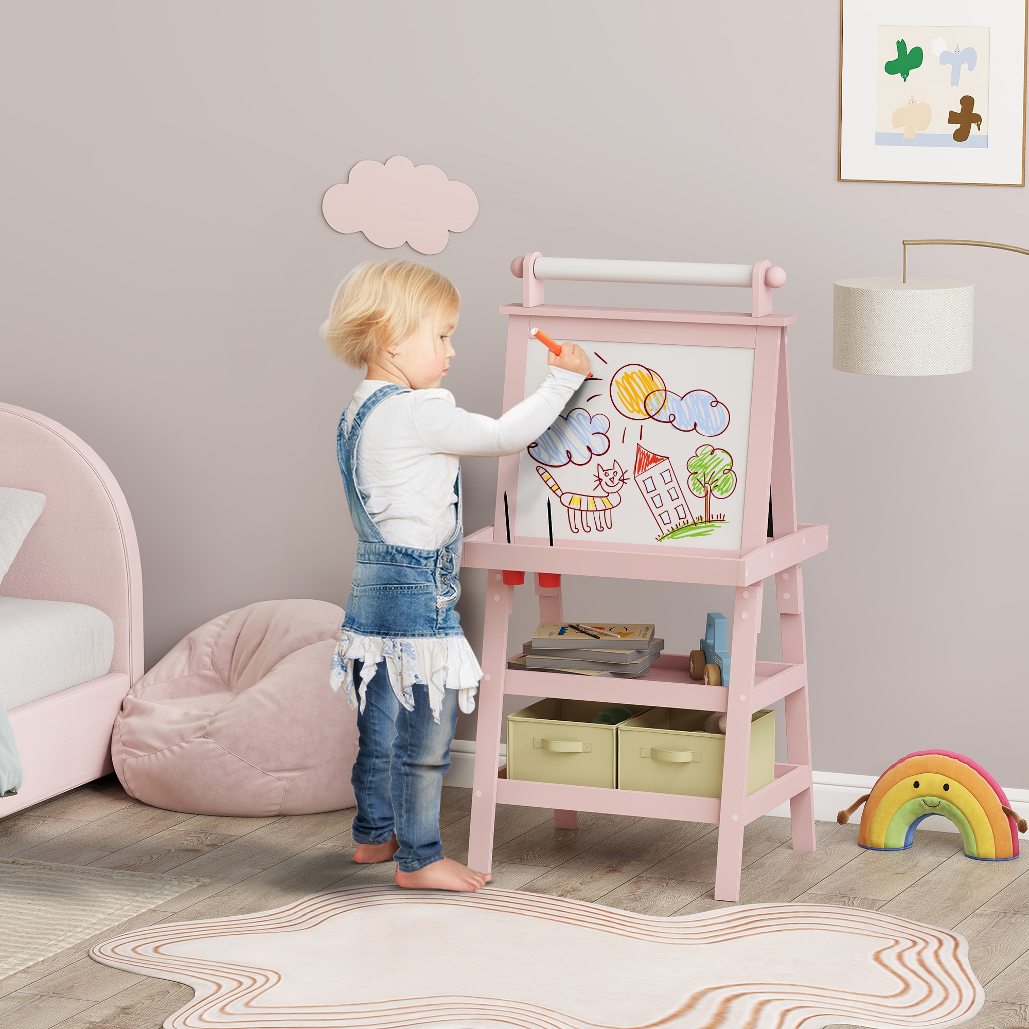 AIYAPLAY Kinder-Malständer 3-in-1 mit magnetischer weißer Tafel, Kreidetafel, Papierrolle, 2 Körben, 3-6 Jahre, Rosa