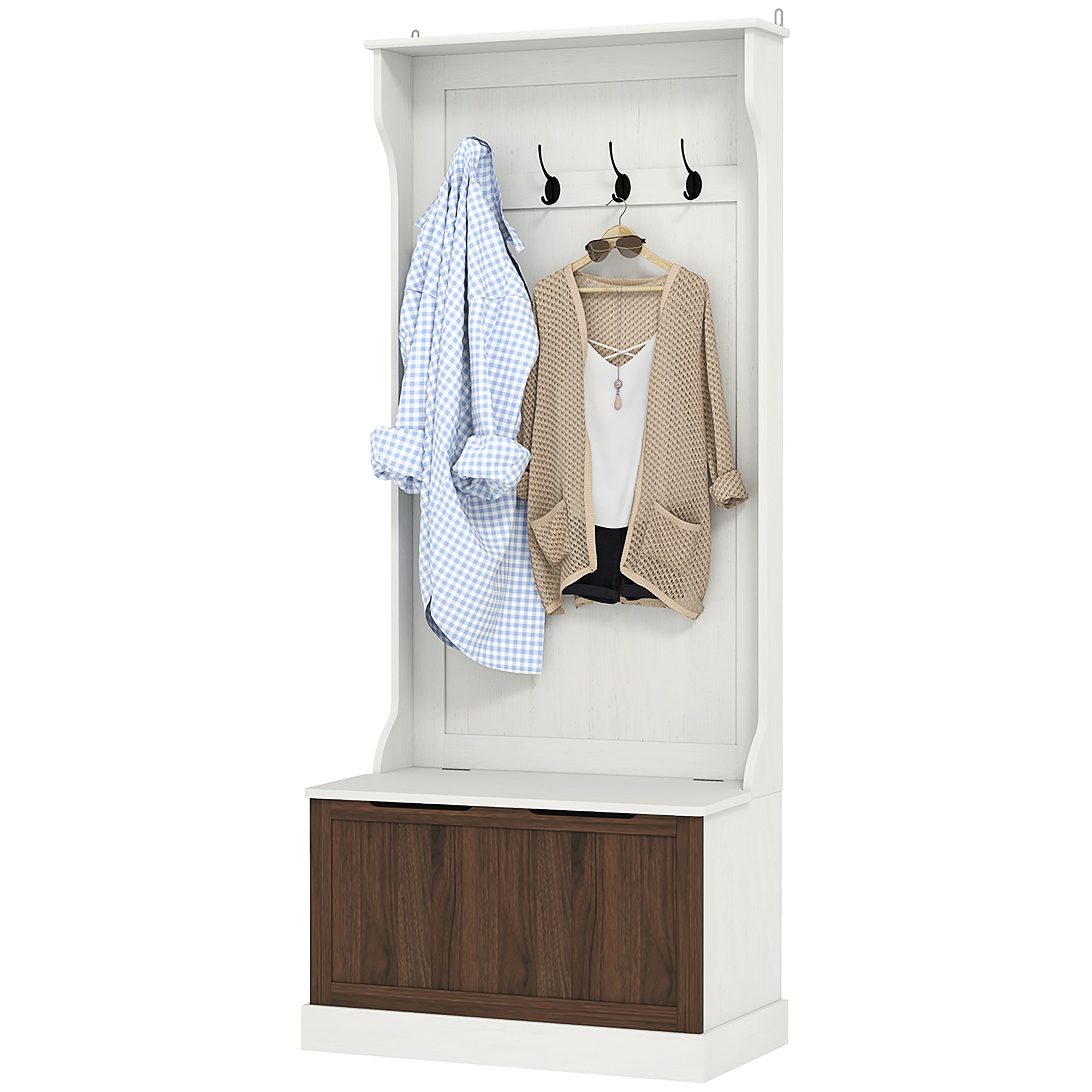HOMCOM Garderobenständer 3 in 1 mit 4 Haken und Sitzbank, aus Holz, 71,5x39,5x170 cm, Weiß