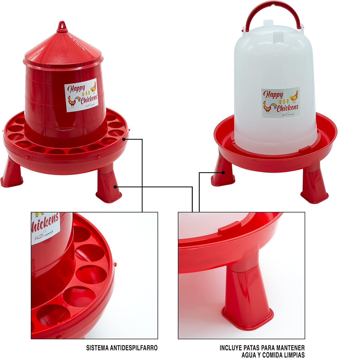 FINCA CASAREJO Mangiatoia + Abbeveratoio per Galline e Altro Pollame - Confezione Mangiatoia e Abbeveratoio con Piedini - Plastica Resistente - Capacità 2Kg / 3L