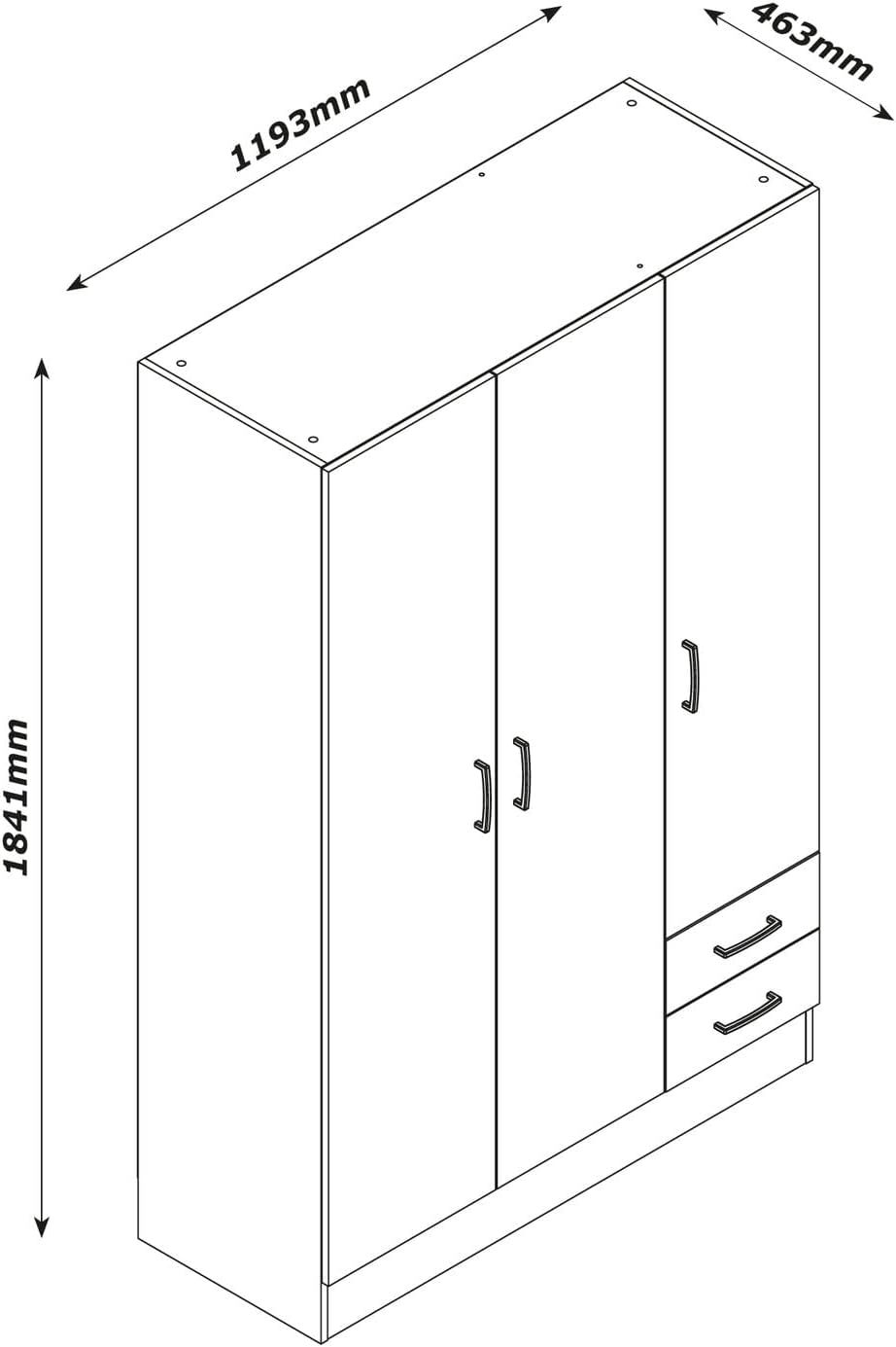 COMPOSAD | Easy Line Wardrobe with 3 Doors and 2 Drawers, Bedroom, Wardrobe with Doors, Dimensions (WxHxD) 119.5 x 184.5 x 46 cm, White, Made in Italy