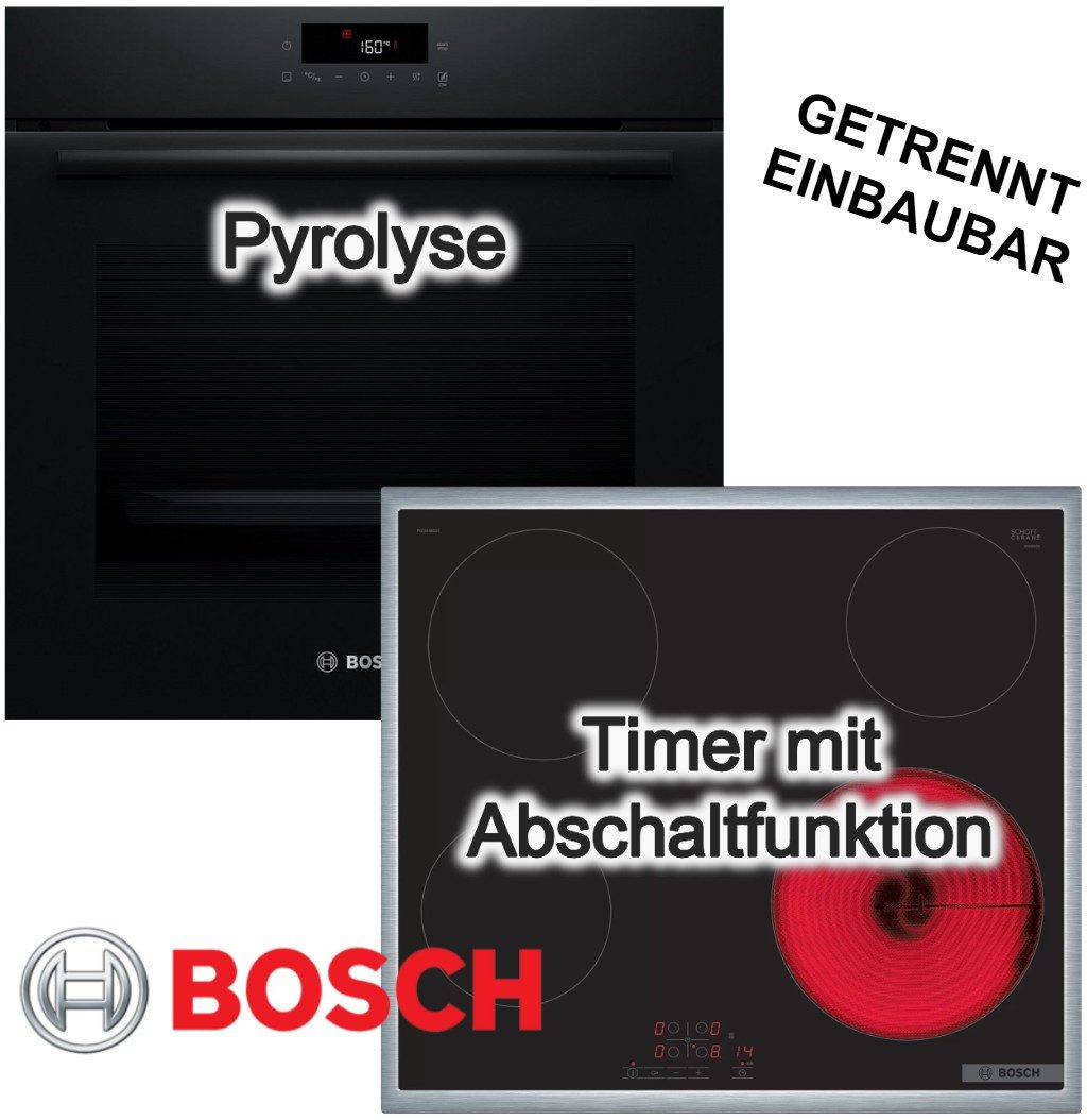 Backofen-Set Pyrolyse 3D Heissluft Schwarz Edelstahl-Rahmen Glaskeramikkochfeld
