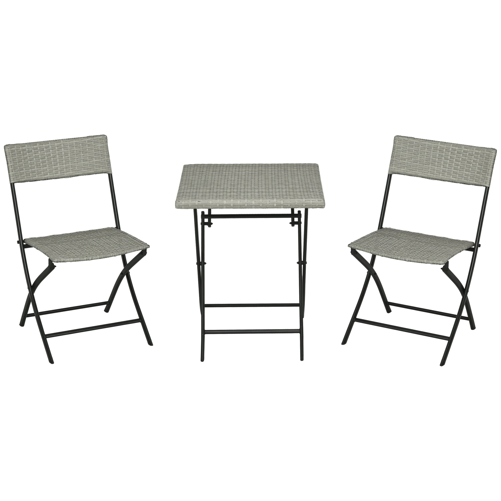 Outsunny 3-tlg. Gartensitzgruppe, 2 Klappstühle, 1 Klapptisch, Rattanoptik, Metallrahmen, hellgrau